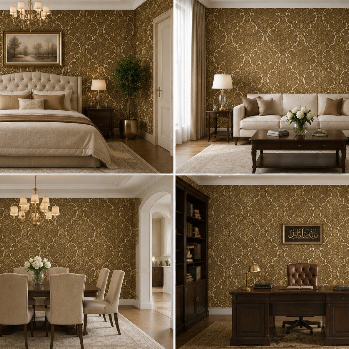 Altın Kahve Klasik Sarmaşık Damask Motifli Duvar Kağıdı 8527-7