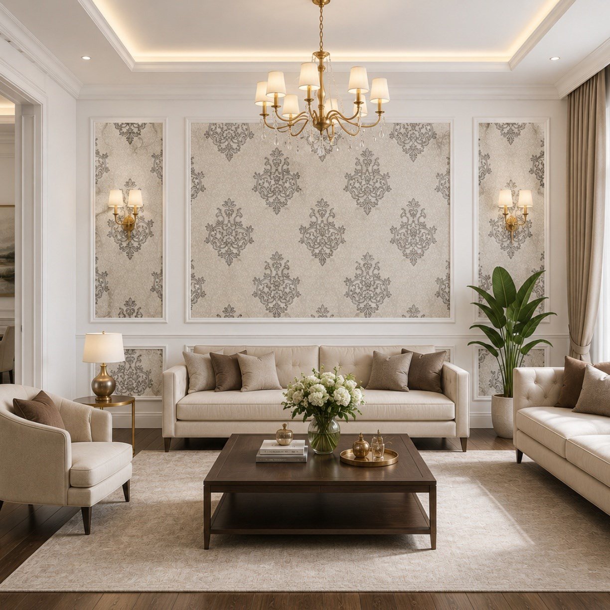 Bej Gri Motifli Saray Tarzı Çıta İçi Duvar Kağıdı 8527-2