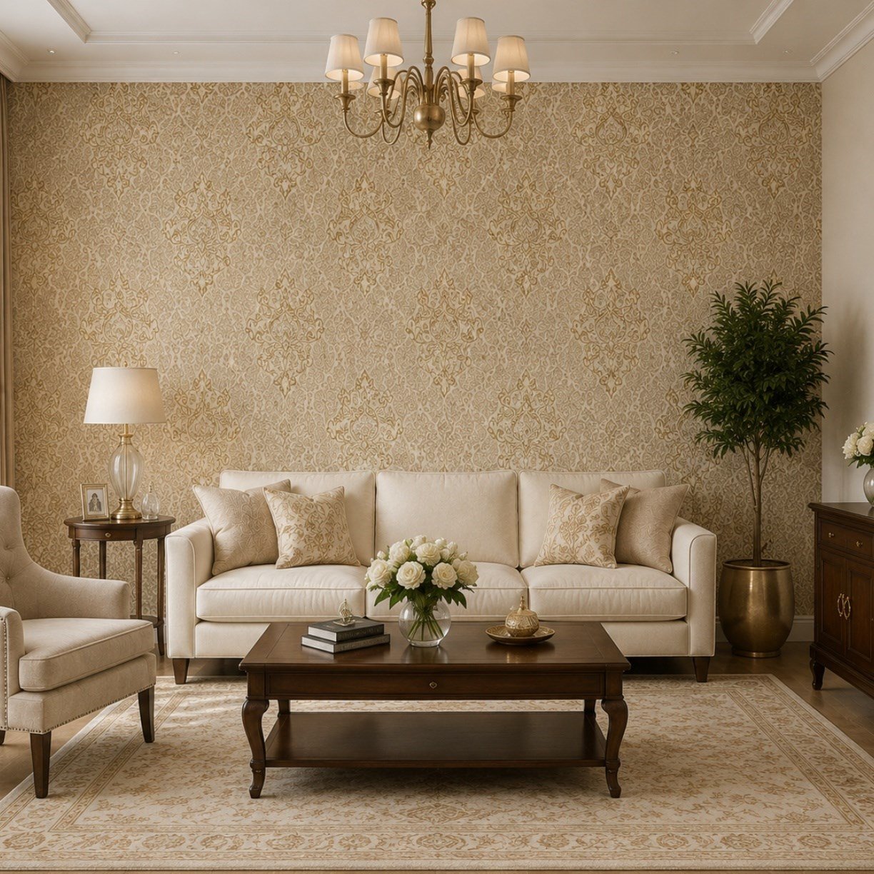 Krem Gold Klasik Sarmaşık Damask Motifli Duvar Kağıdı 8527-8