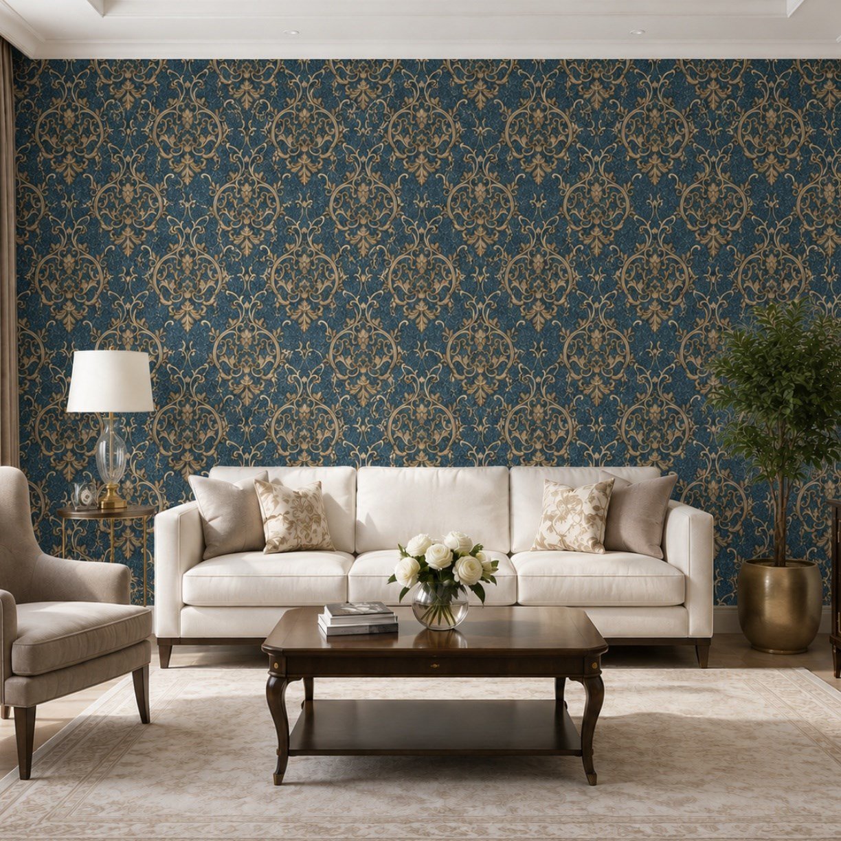 Saks Mavisi Bronz İşlemeli Dokulu Duvar Kağıdı 8527-6