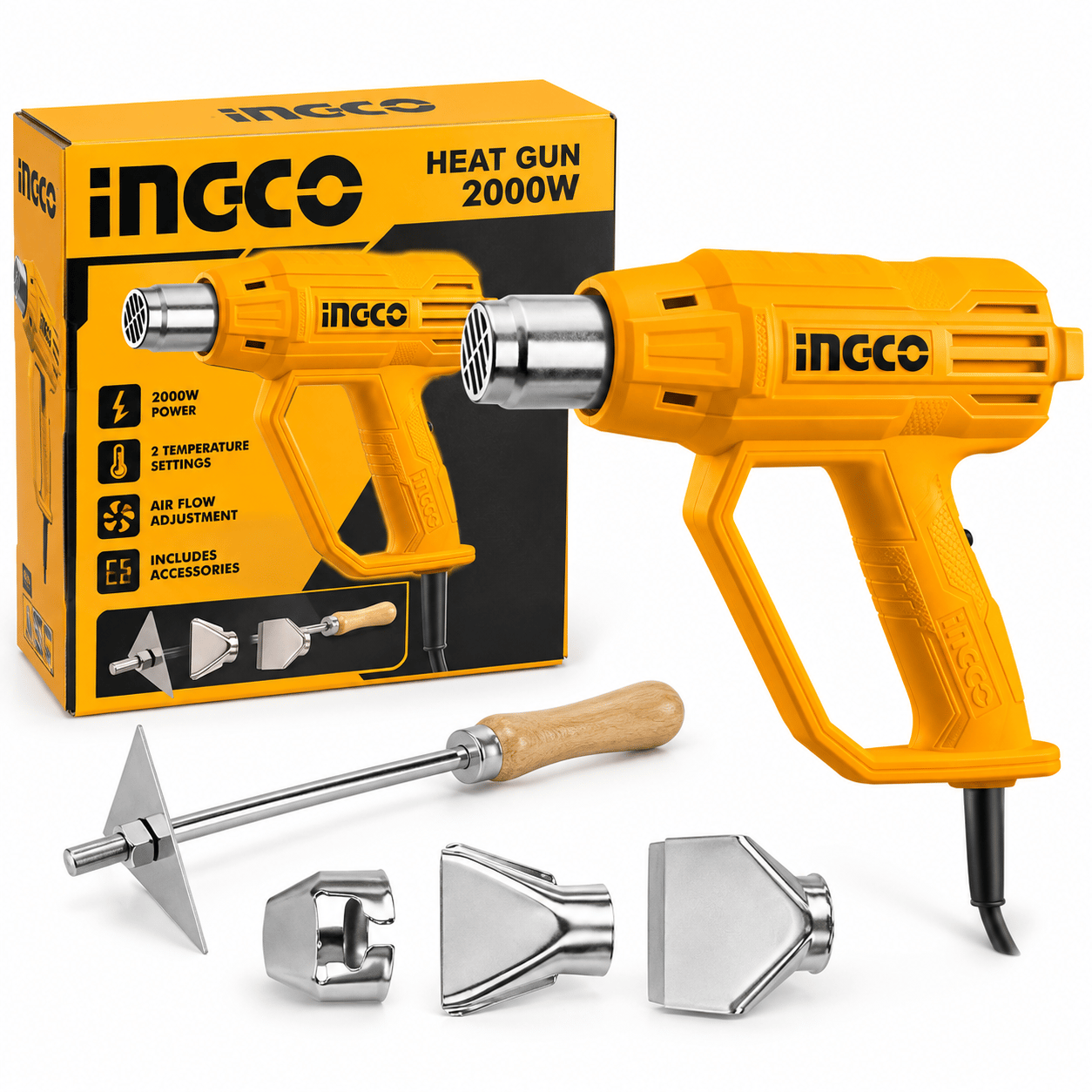 INGCO 2000W Profesyonel Isı Tabancası Sıcak Hava Tabancası Nozul ve Kazıyıcı Aparatlı