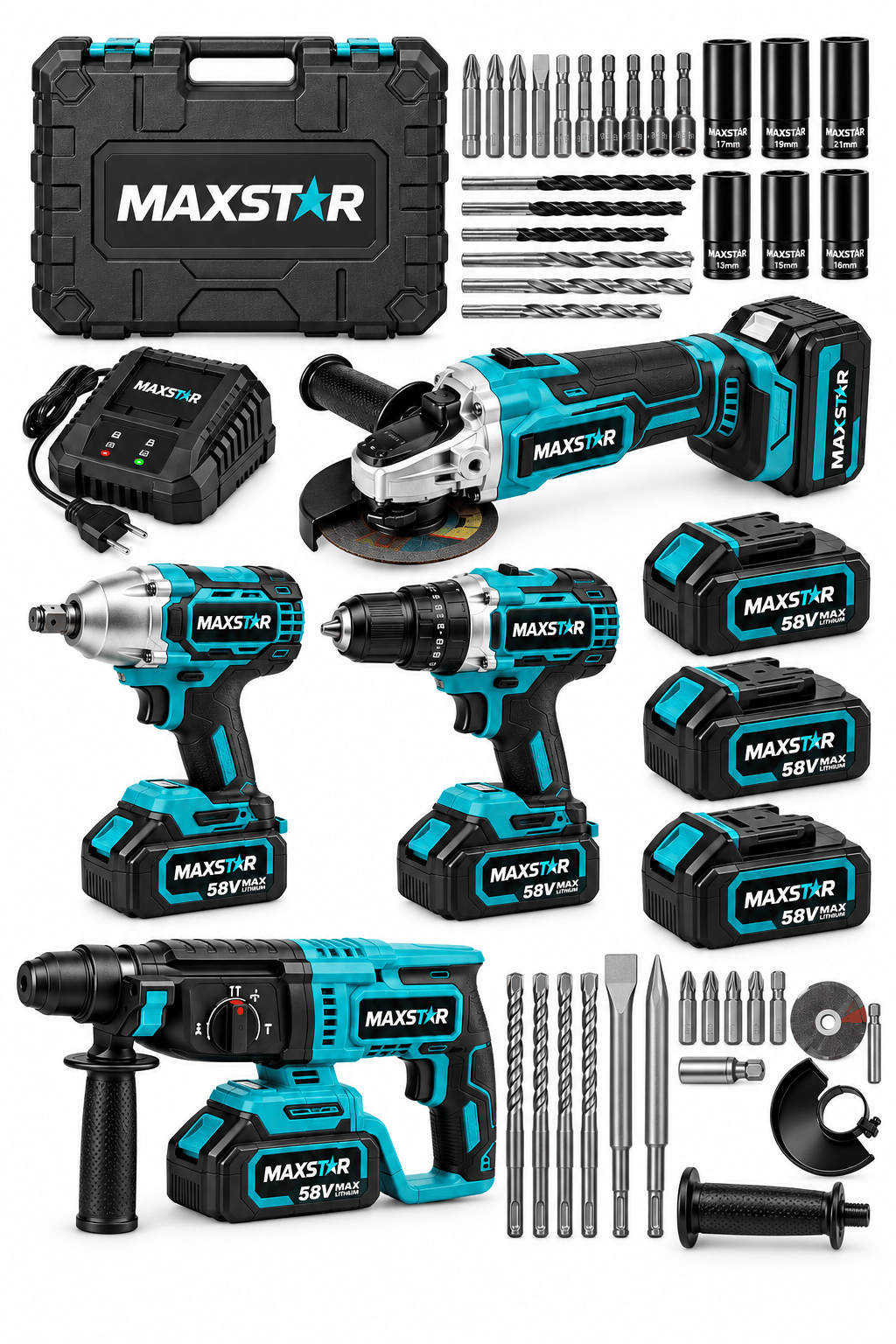 MAX'PLUS 58VF MAX 4'lü Profesyonel Akülü El Aletleri Seti – Kırıcı Delici Hilti, Darbeli Matkap, Somun Sıkma ve Spiral Taşlama