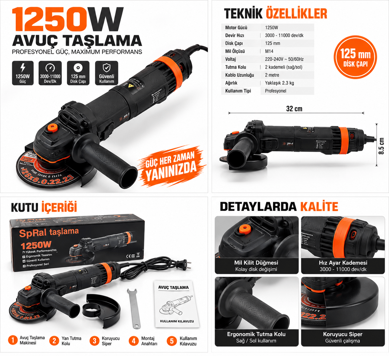 PROFESYONEL 125 LIK SPRAL TAŞLAMA 1200 W