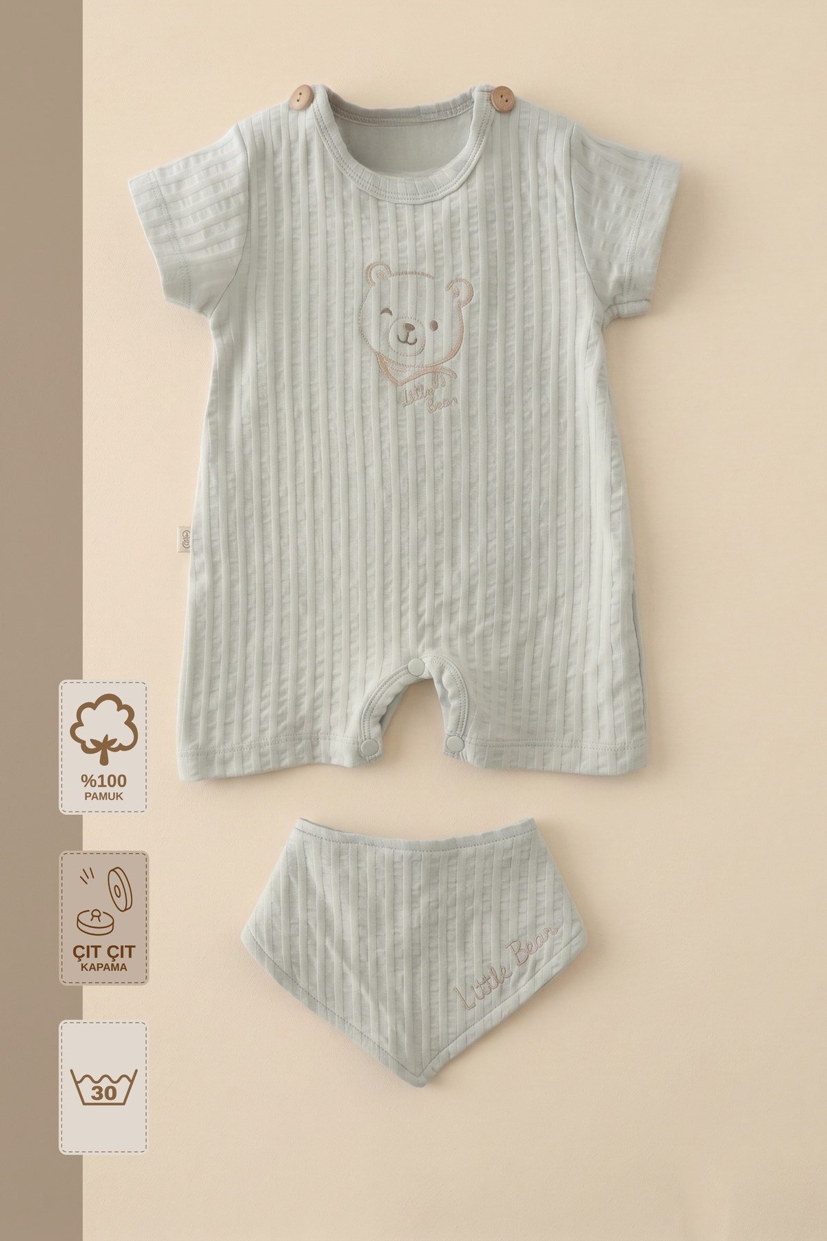 - %100 Pamuk Müslin Bebek Tulum Seti | Ayı Nakışlı | Fular Önlüklü