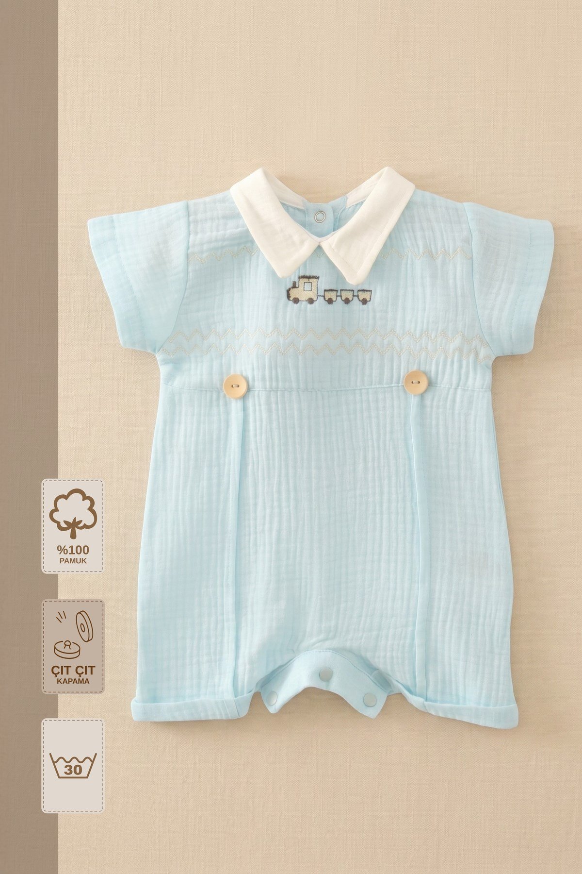 - %100 Pamuk Müslin Bebek Tulum | Tren Nakışlı | Yakalı