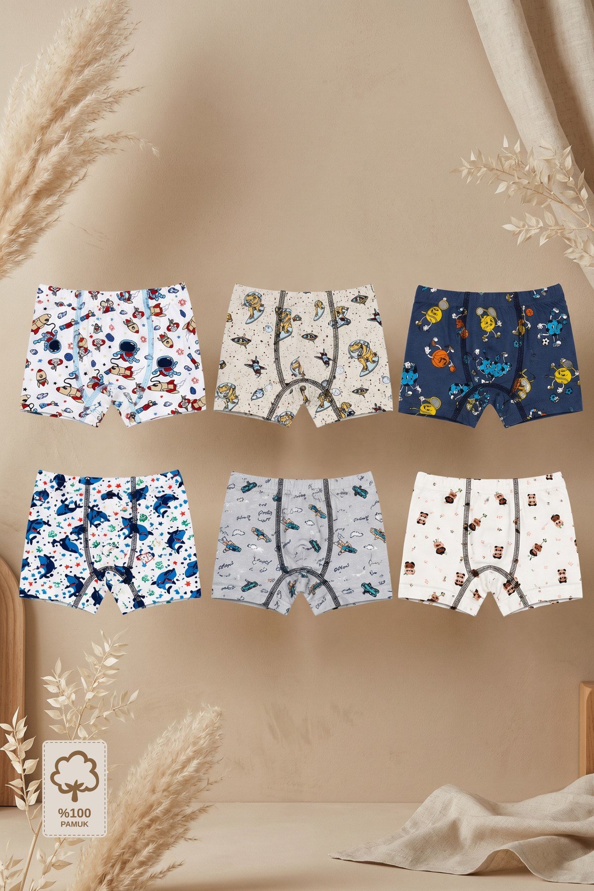 - 6'lı Erkek Çocuk Boxer Külot Seti | %100 Pamuk