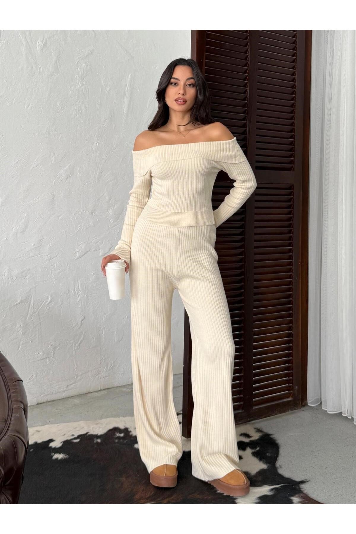 Fitilli Örme Kumaş Madonna Yaka Crop Bluz ve Geniş Paça Pantolon İkili Takım