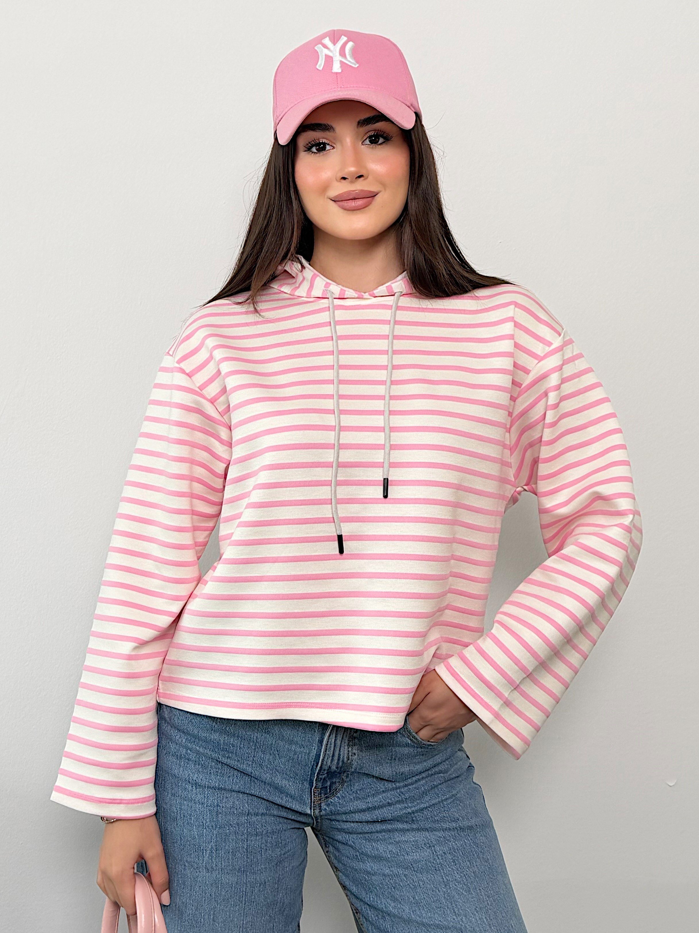 Modal Kumaş Kadın Çizgili Kapüşonlu Sweatshirt