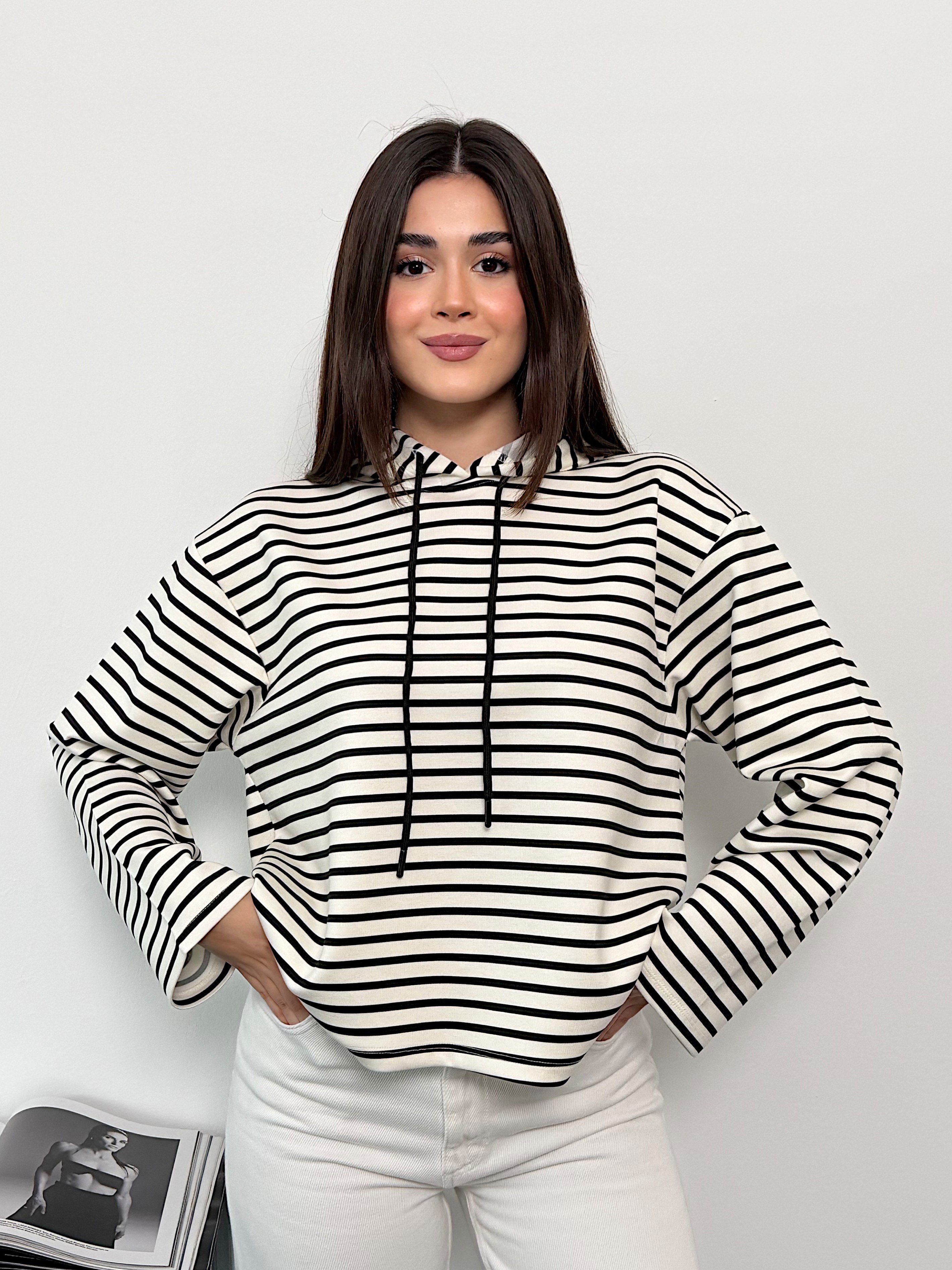 Modal Kumaş Kadın Çizgili Kapüşonlu Sweatshirt