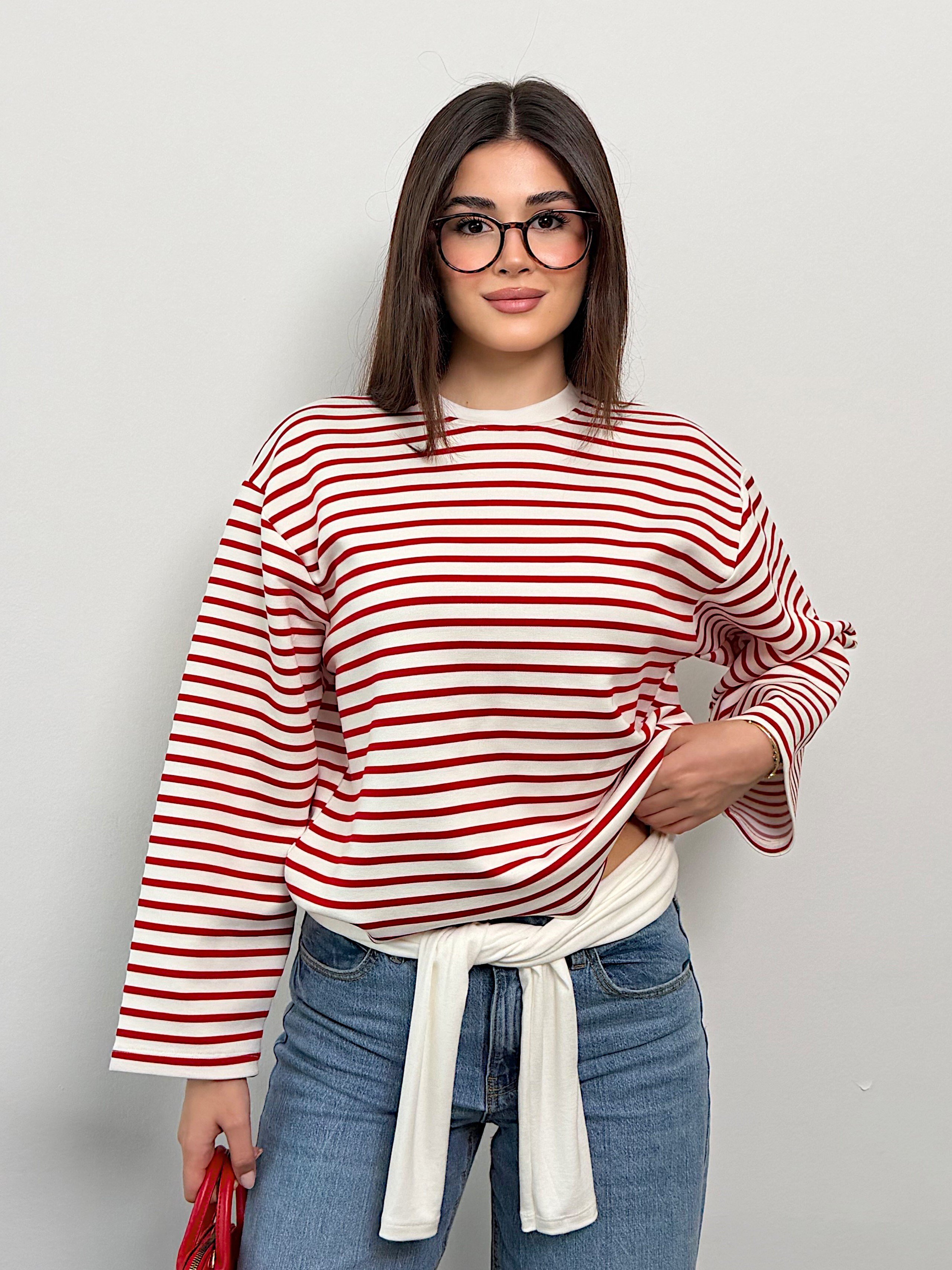 Modal Kumaş Kadın Çizgili Uzun Kollu Oversize Bluz