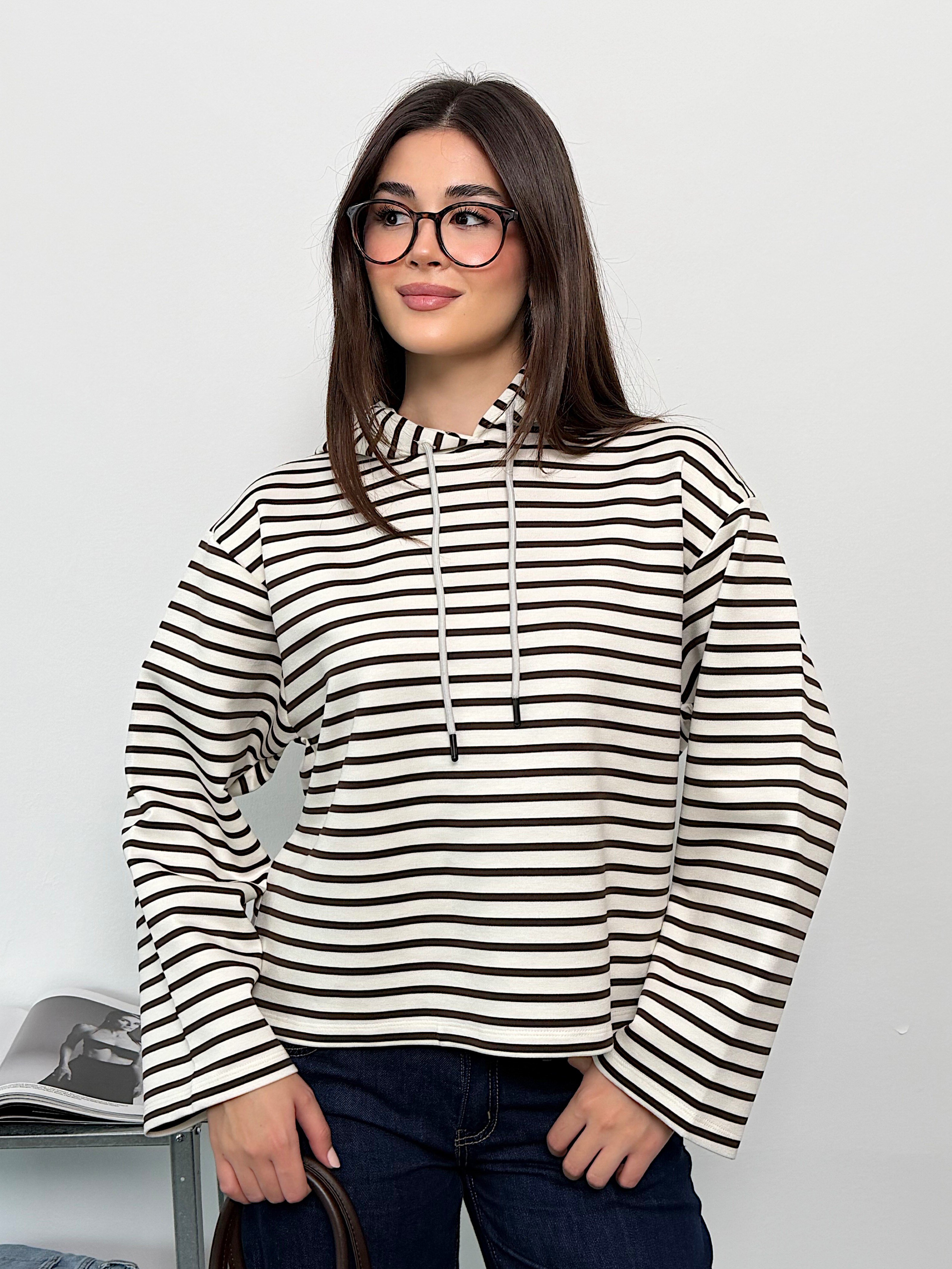 Modal Kumaş Kadın Pembe Çizgili Kapüşonlu Sweatshirt