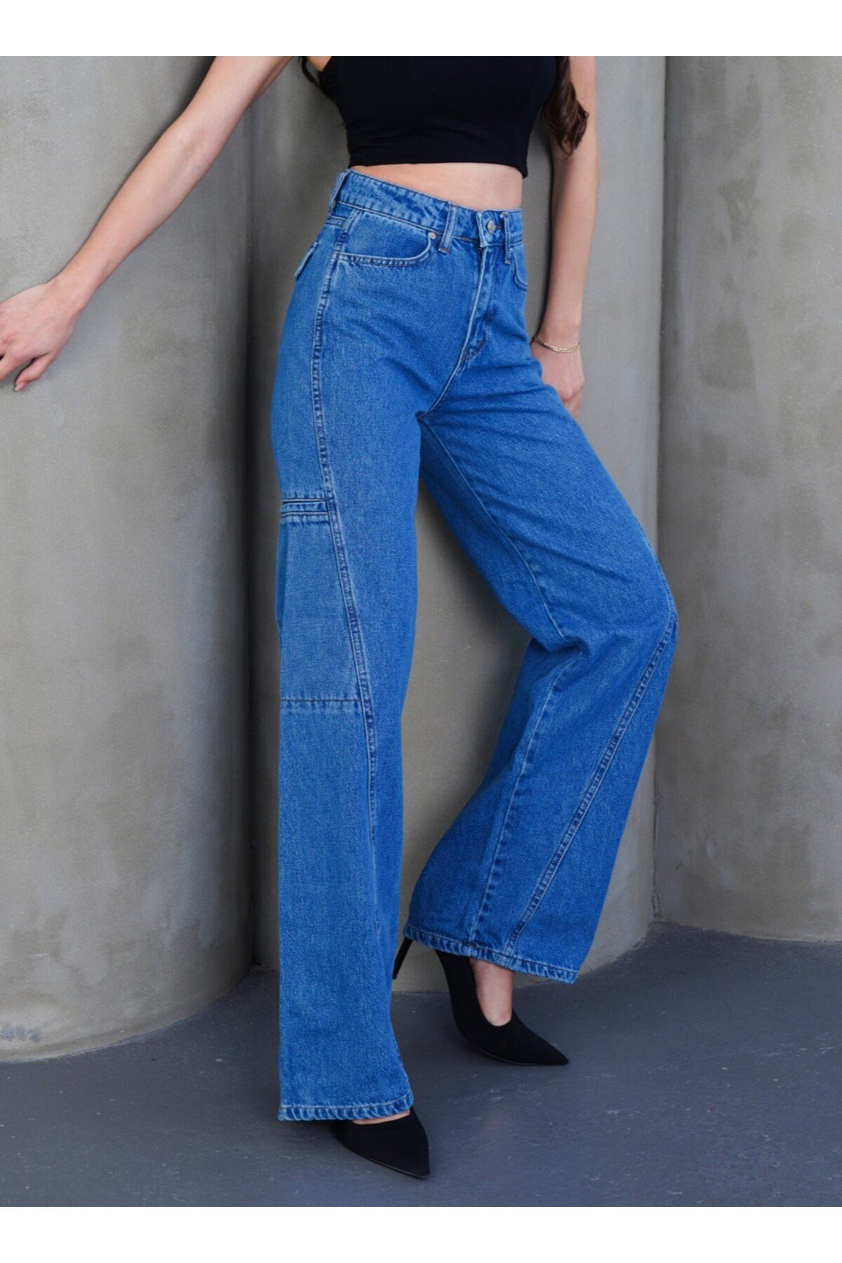 Yüksek Bel Panel Dikişli Loose Fit Wide Leg Mavi Jean (Dar kalıp bir beden büyük tavsiye edilir)