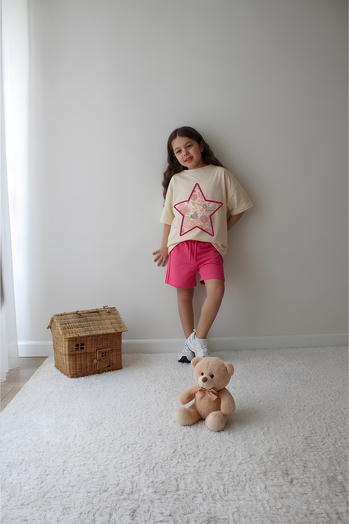 Kız Çocuk Üst Oversize Süprem Alt İki İplik Kalp Tasarım10 askılı Alt Üst Takım