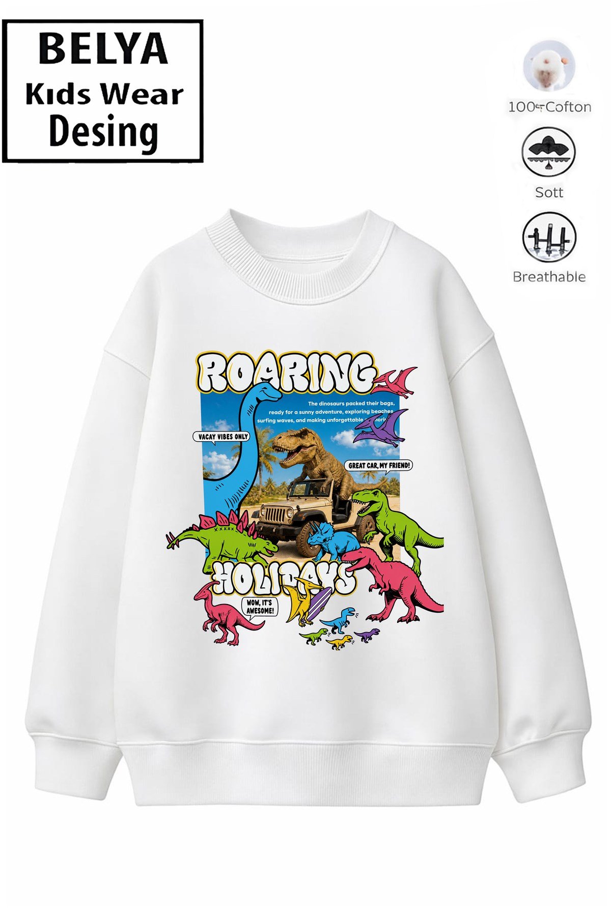 Trend Çocuk Erkek Model Tam Kalıp Oversize Dinazorlar Tasarım 2 İplik Pamuğa Pamuk Kumaş Sweatshirt 34