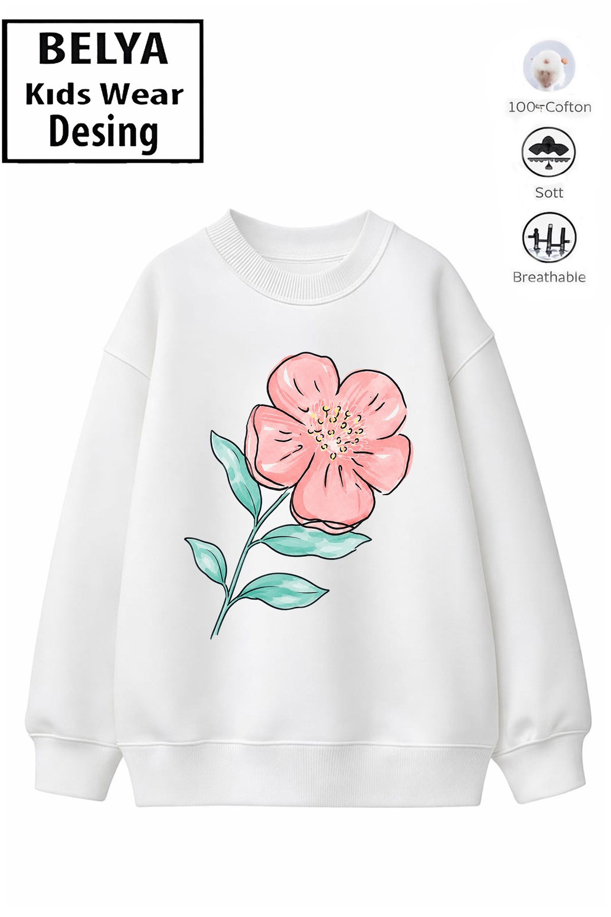 Trend Çocuk Kız Model Tam Kalıp Oversize Çiçek 2 İplik Pamuğa Pamuk Kumaş Sweatshirt 28