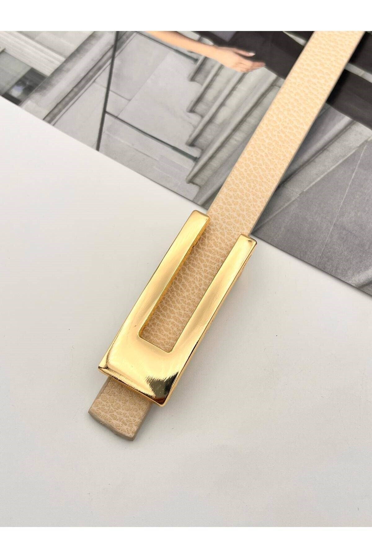 Desng Gold Tokalı Kadın Kemer Pantolon Kemeri Elbise Kemeri Gömlek Kemeri Ceket Kemeri Krem