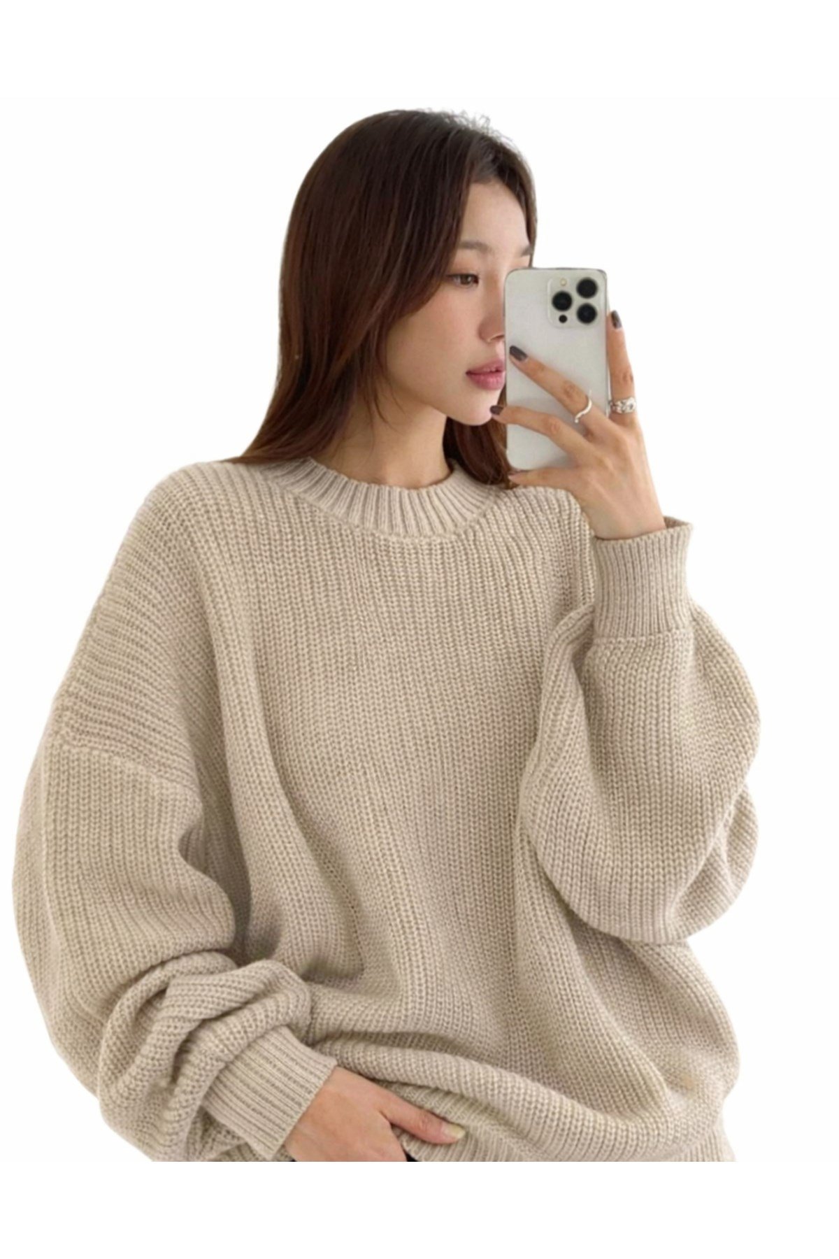 Bej Bisiklet Yaka Oversize Kadın Triko Kazak