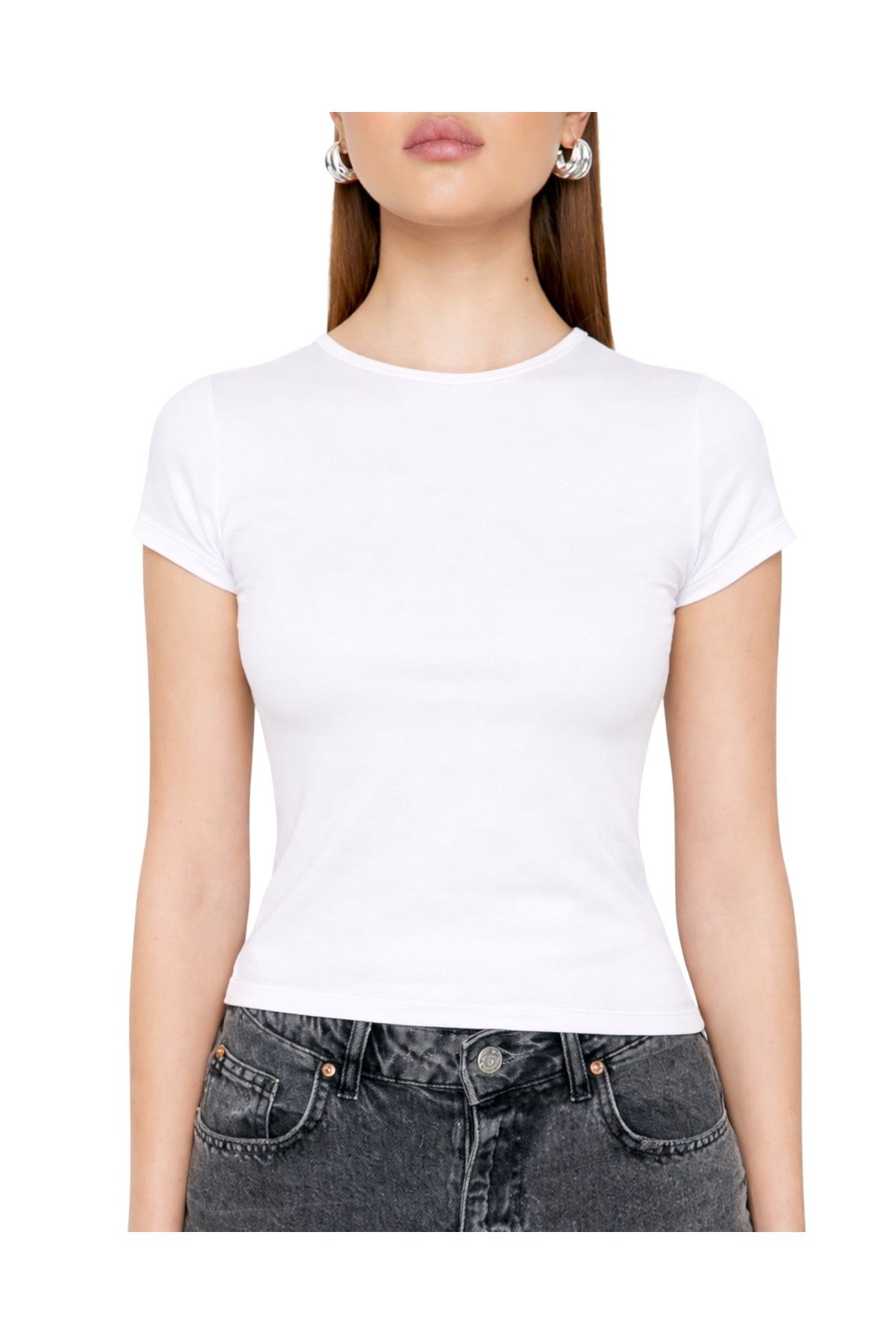 Beyaz Bisiklet Yaka Basic Ultra Soft Kadın Kısa Kol Body