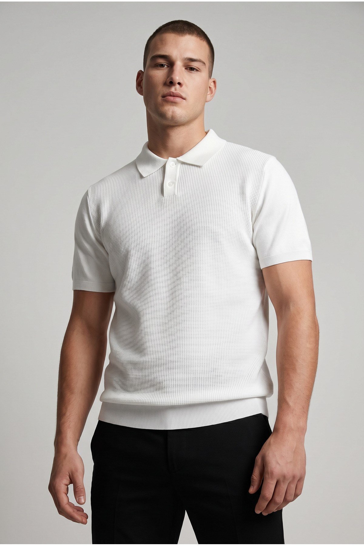 Beyaz Erkek Polo Yaka Düğmeli Kısa Kol T-Shirt