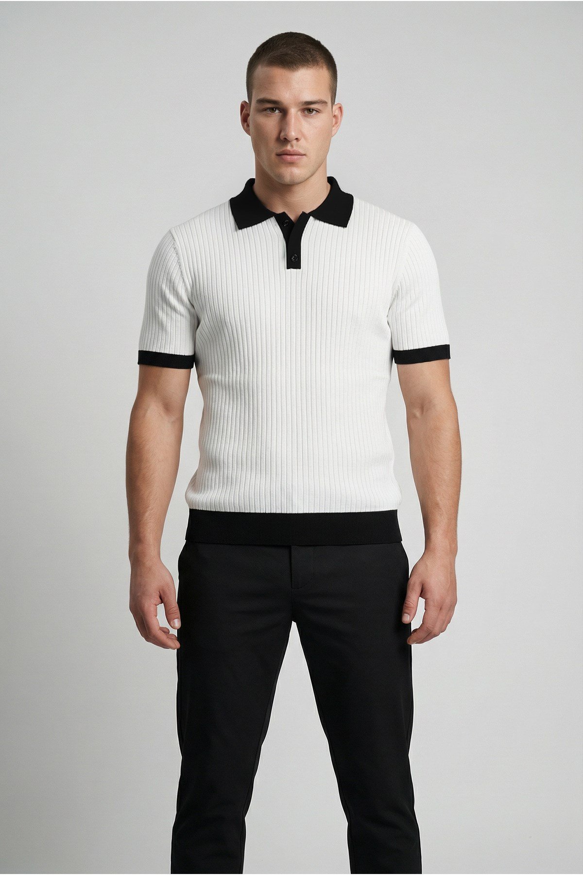 Beyaz Polo Yaka Düğmeli Kısa Kol Erkek T-shirt