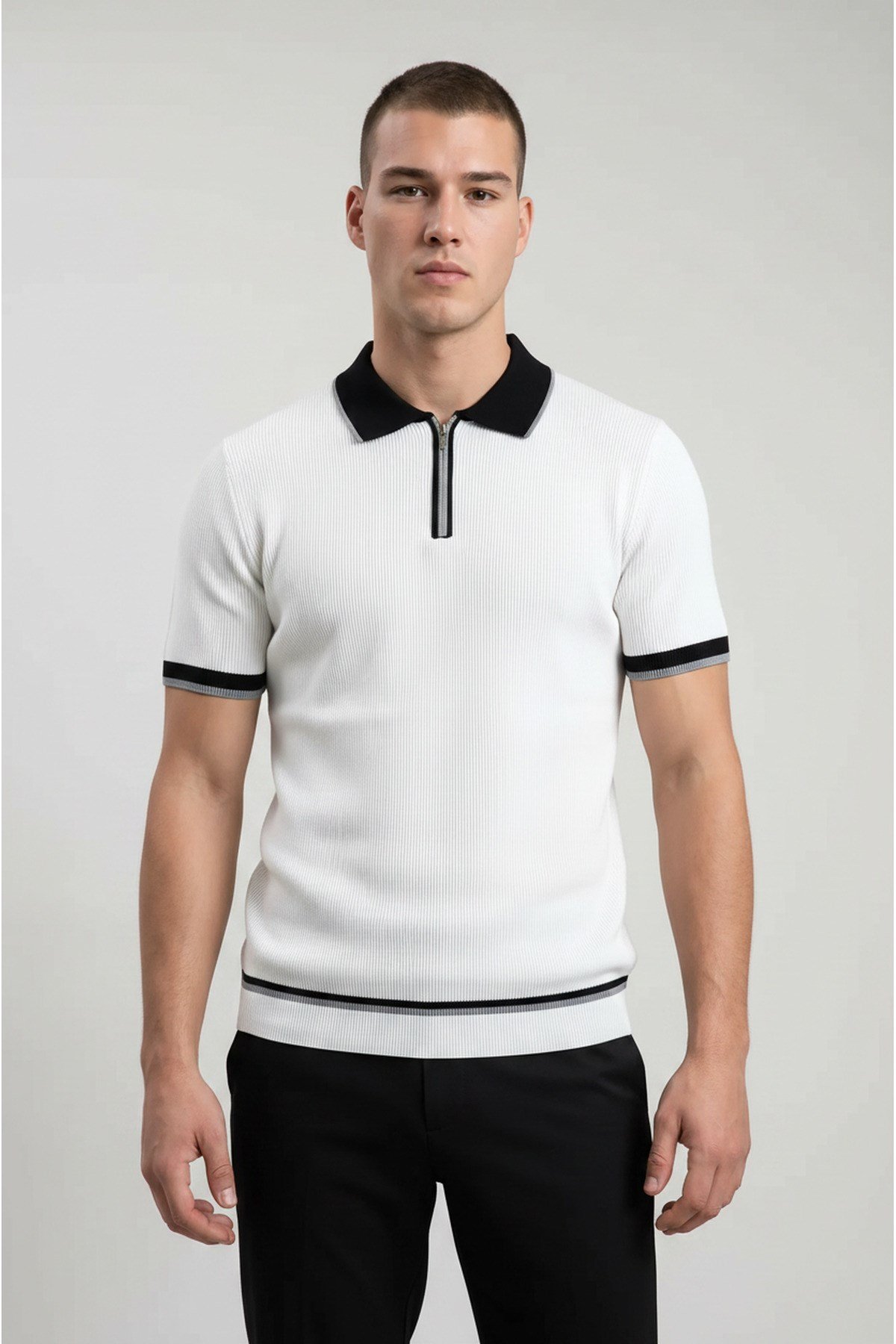Beyaz Polo Yaka Fermuarlı Kısa Kol Erkek T-shirt