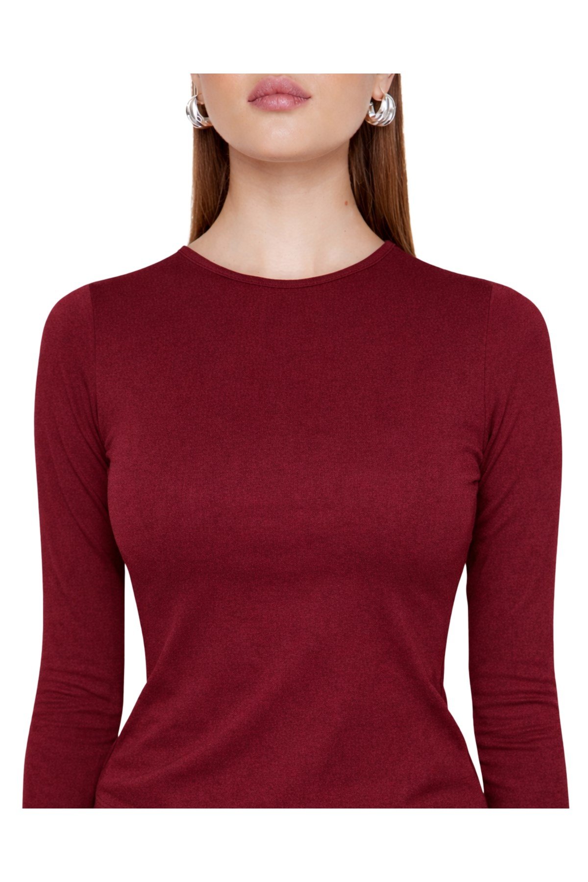 Bordo Bisiklet Yaka Basic Ultra Soft Kadın Uzun Kol Body
