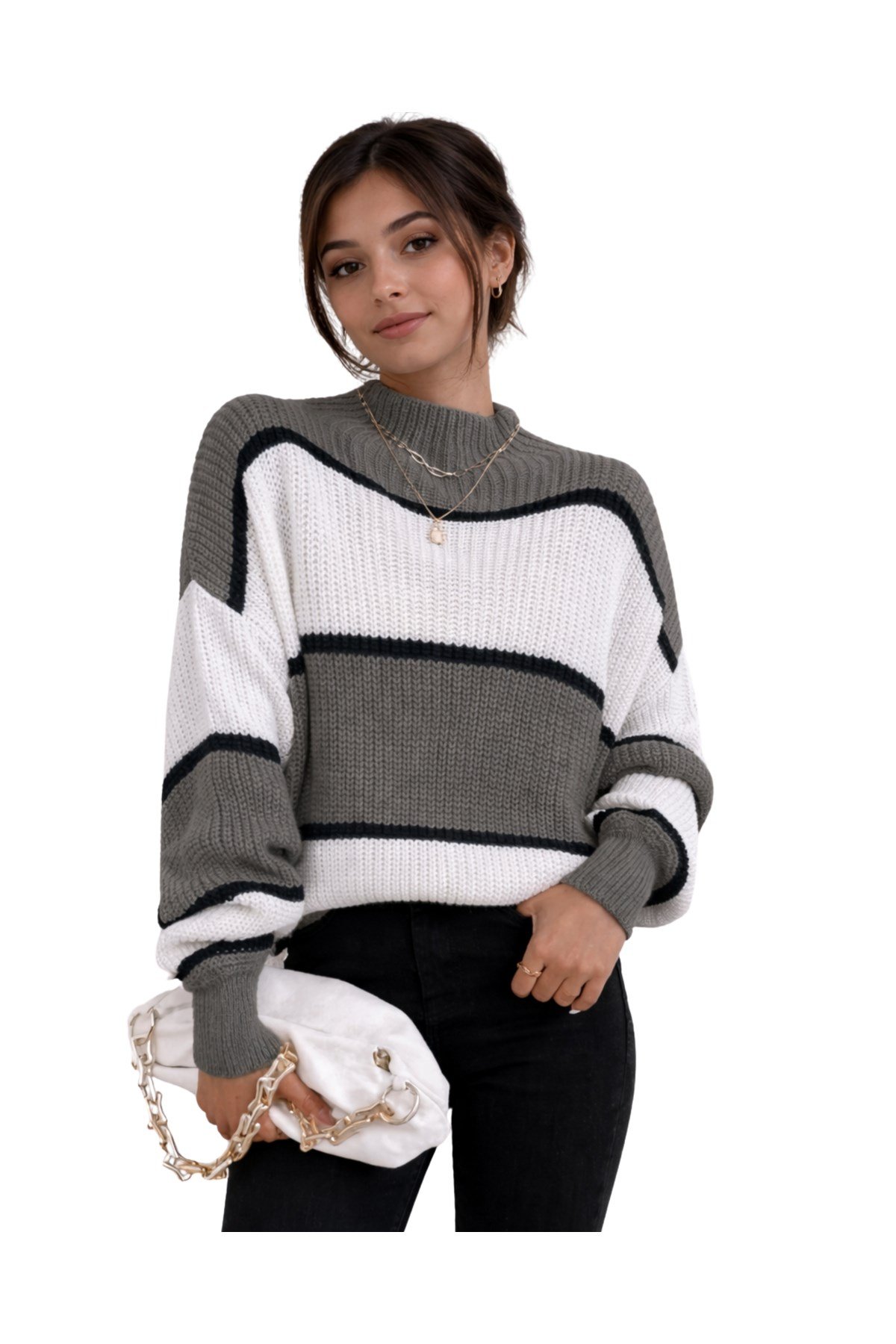 Gri Beyaz Yarım Balıkçı Oversize Kadın Triko Kazak
