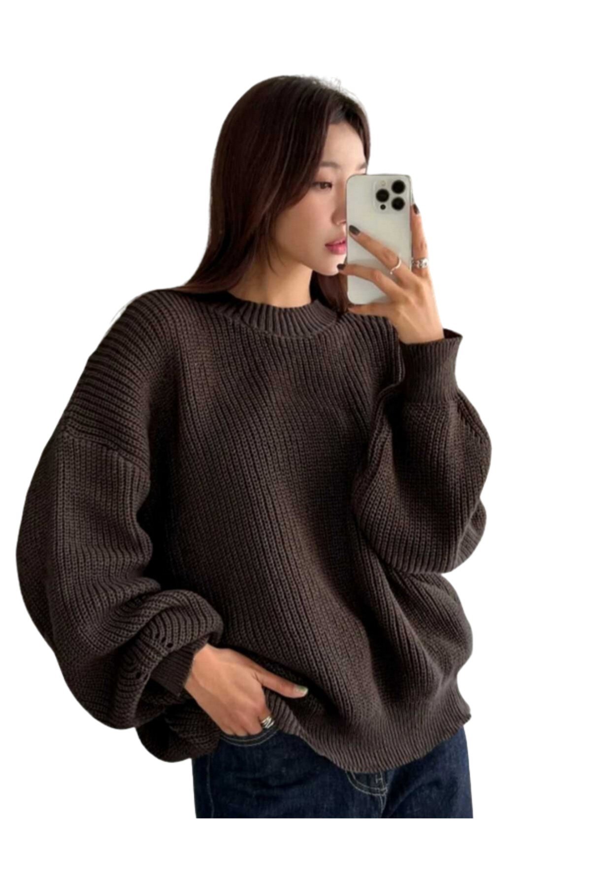 Kahverengi Bisiklet Yaka Oversize Kadın Triko Kazak