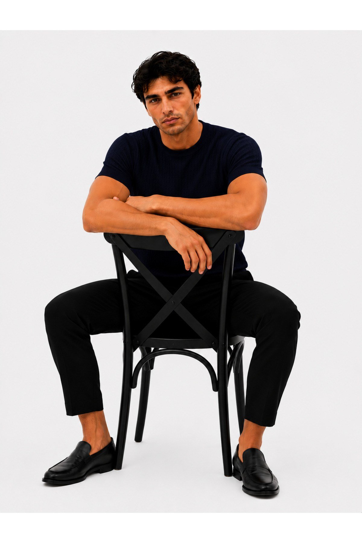 Lacivert Bisiklet Yaka Saç Örgü Desenli Kısa Kol Slim Fit Erkek T-shirt