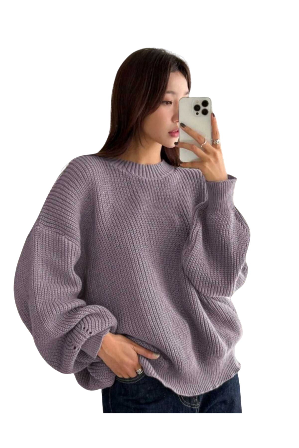 Lila Bisiklet Yaka Oversize Kadın Triko Kazak