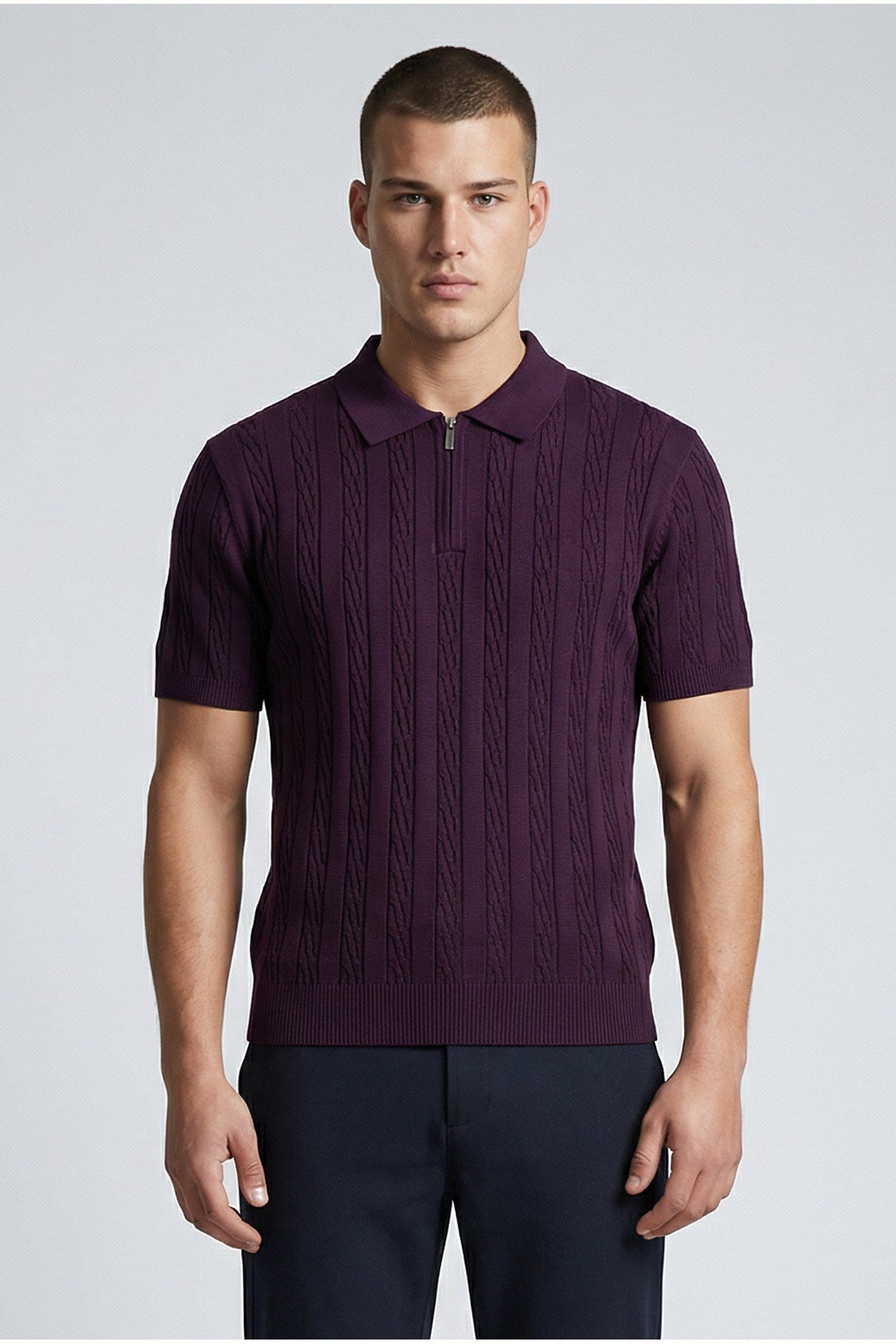Mürdüm Polo Yaka Yarım Fermuarlı Erkek T-shirt