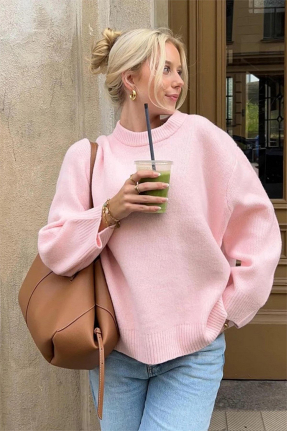 Pembe Bisiklet Yaka Oversize Kadın Triko Kazak