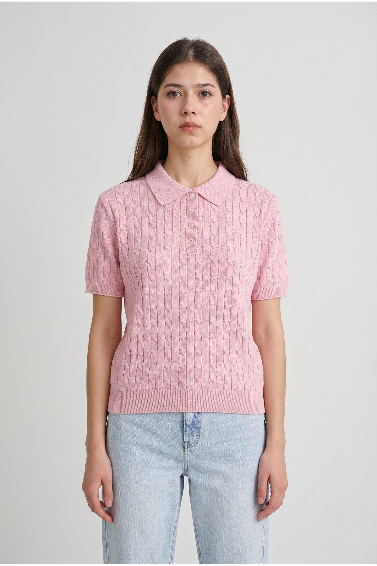 Pembe Polo Yaka Kısa Kollu Düğmeli Örgü Desenli Kadın Yazlık Triko Kazak
