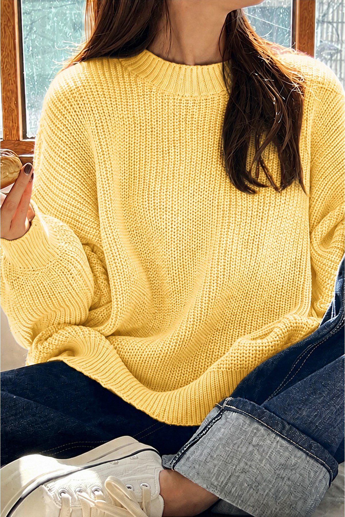 Sarı Bisiklet Yaka Oversize Kadın Triko Kazak
