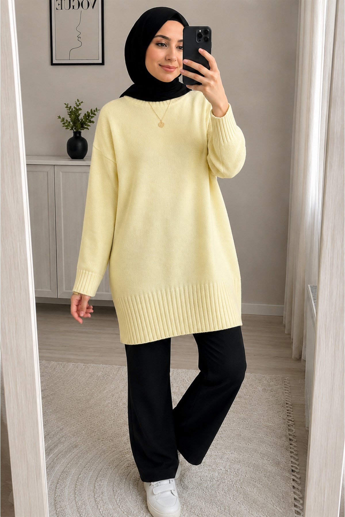 Sarı Bisiklet Yaka Oversize Triko Kazak Tunik