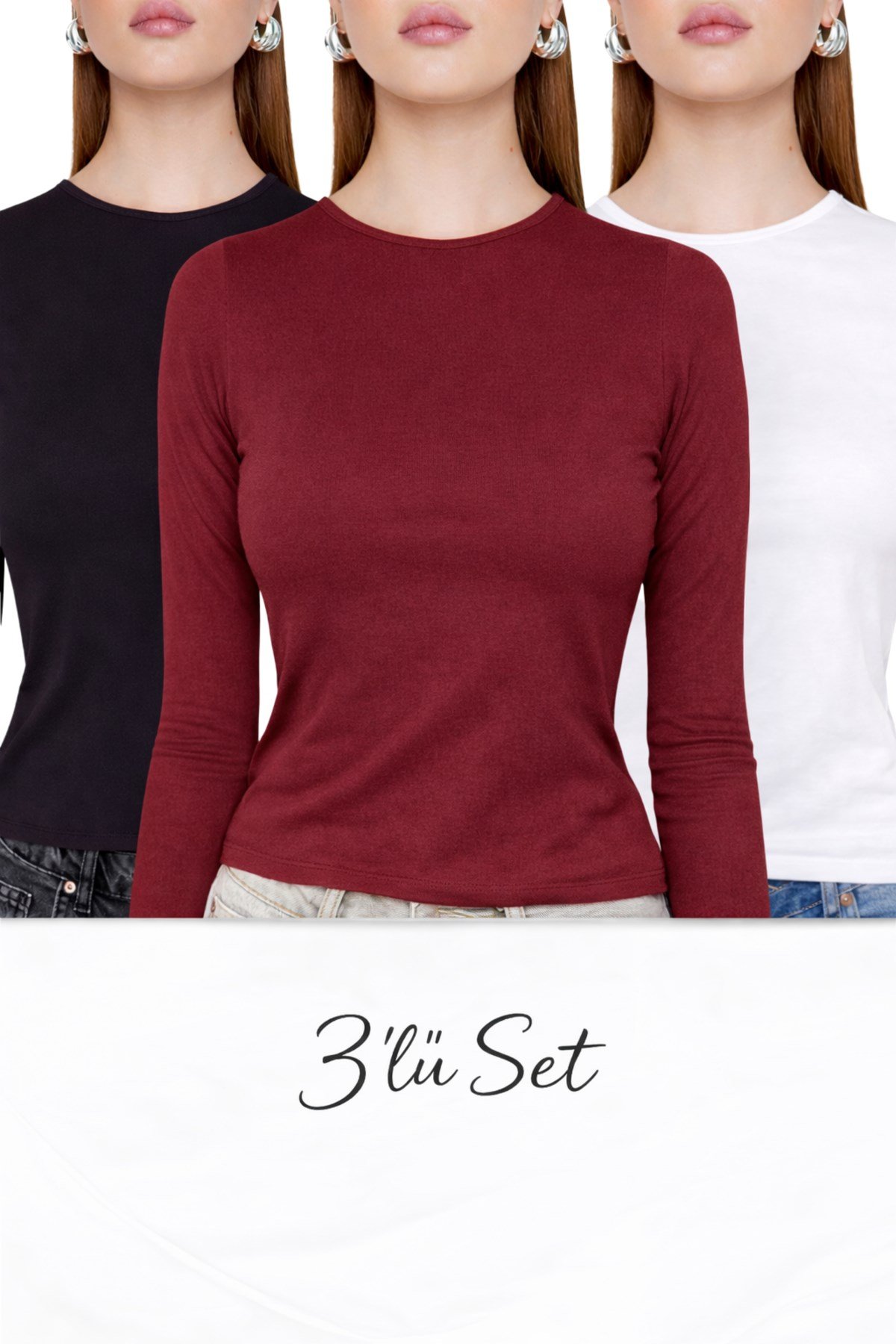 Siyah Beyaz Bordo Üçlü Bisiklet Yaka Basic Ultra Soft Kadın Uzun Kol Body