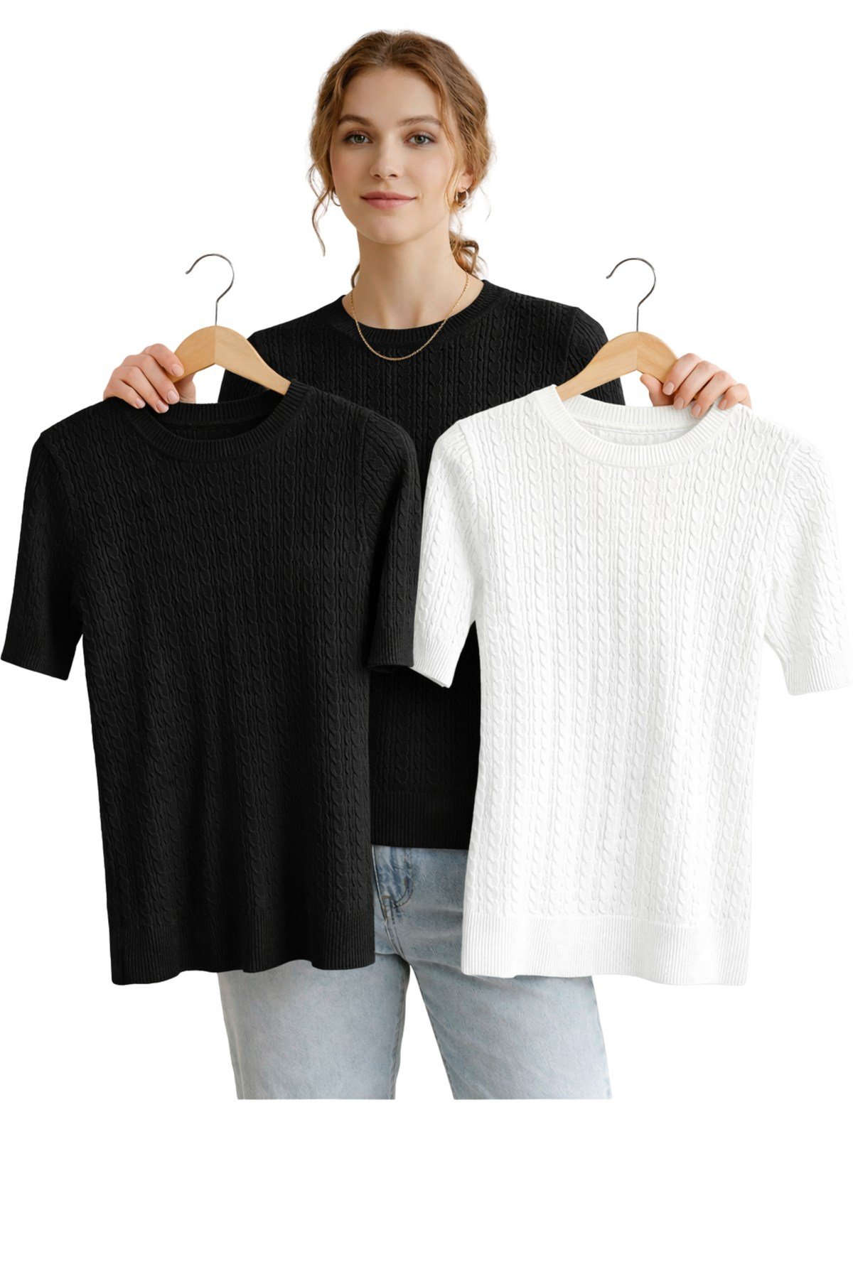 Siyah Beyaz İkili Kısa Kollu Bisiklet Yaka Slim Fit Kadın Yazlık Kazak