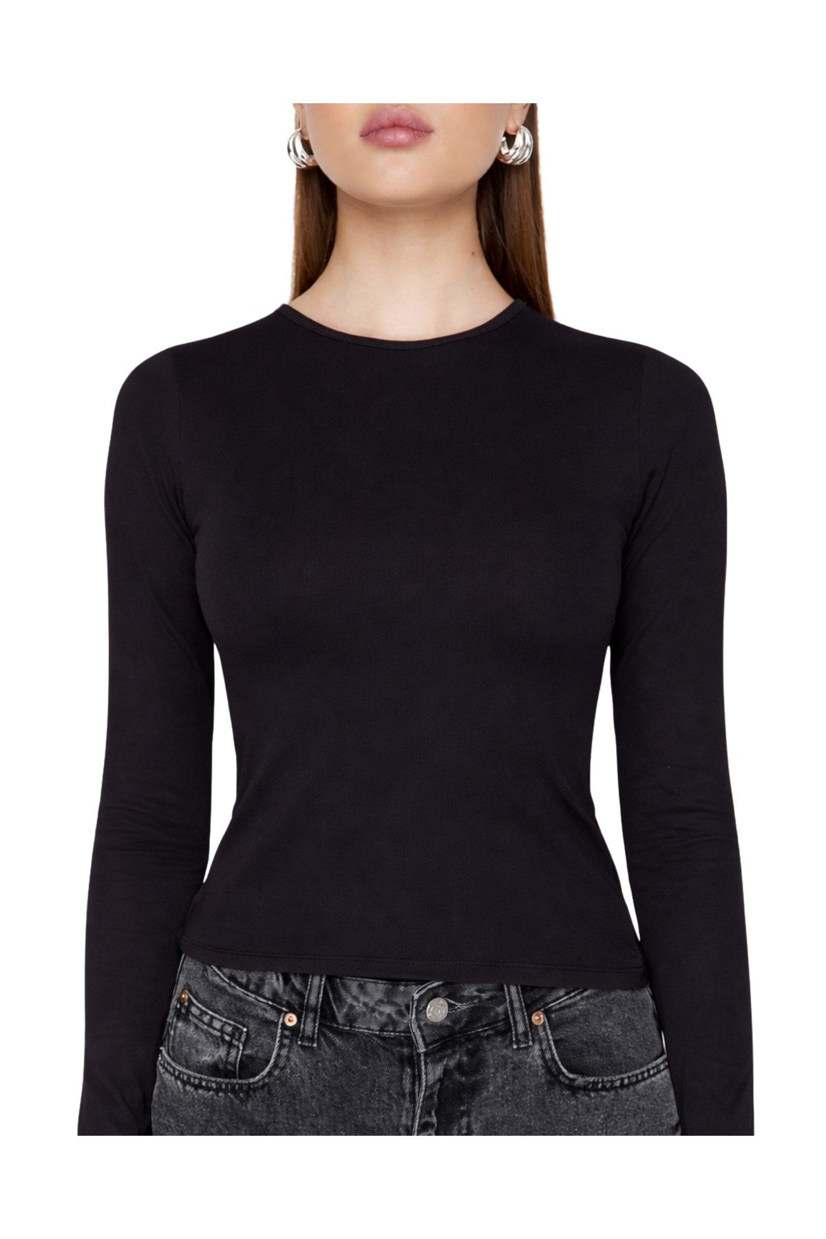 Siyah Bisiklet Yaka Basic Ultra Soft Kadın Uzun Kol Body