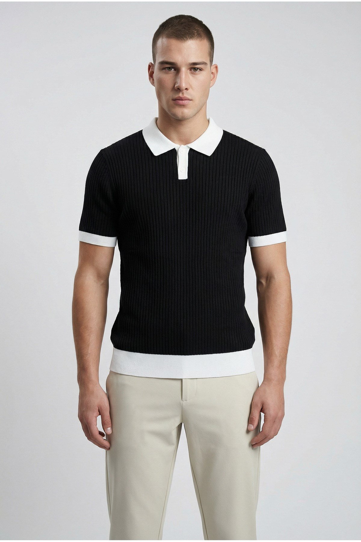 Siyah Polo Yaka Düğmeli Kısa Kol Erkek T-shirt