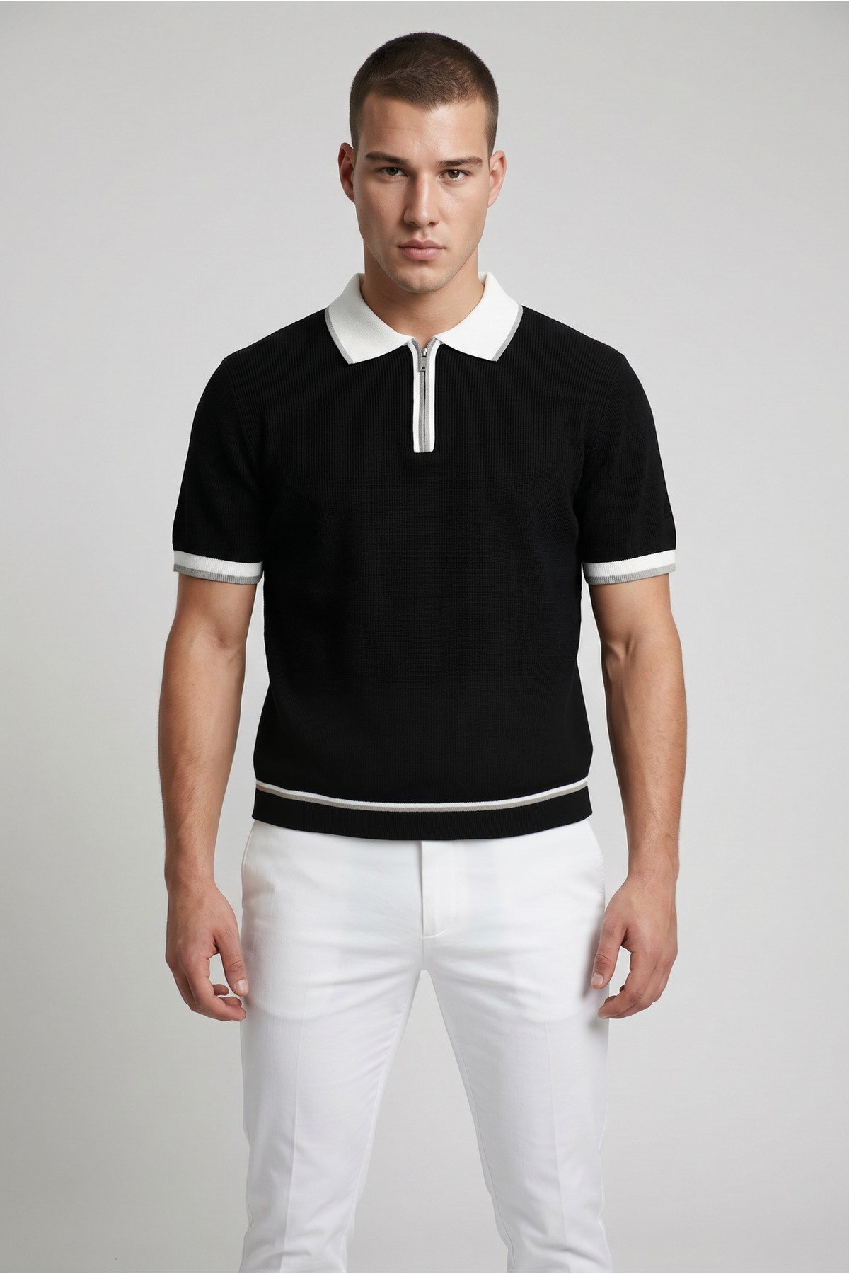 Siyah Polo Yaka Fermuarlı Kısa Kol Erkek T-shirt