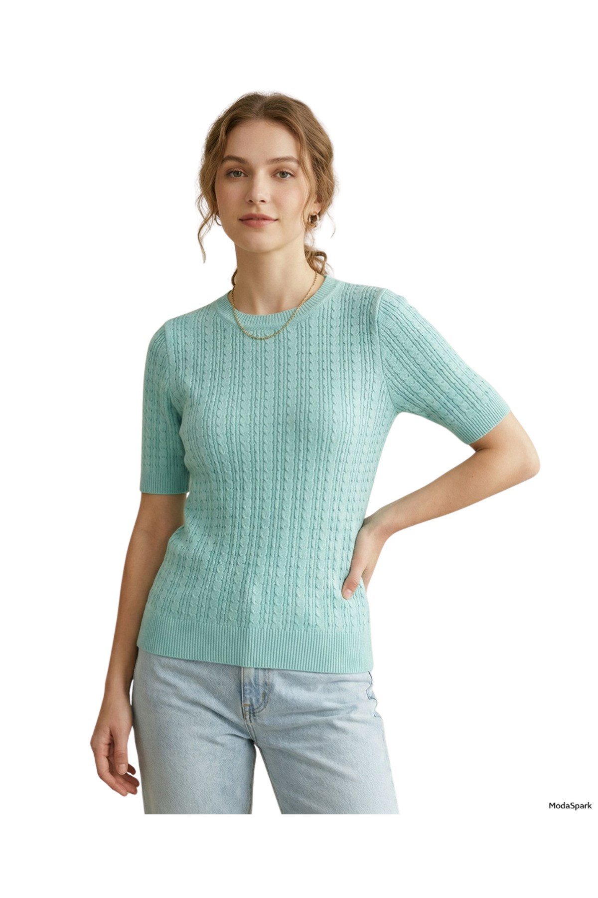 Su Yeşili Kısa Kollu Bisiklet Yaka Slim Fit Kadın Kazak