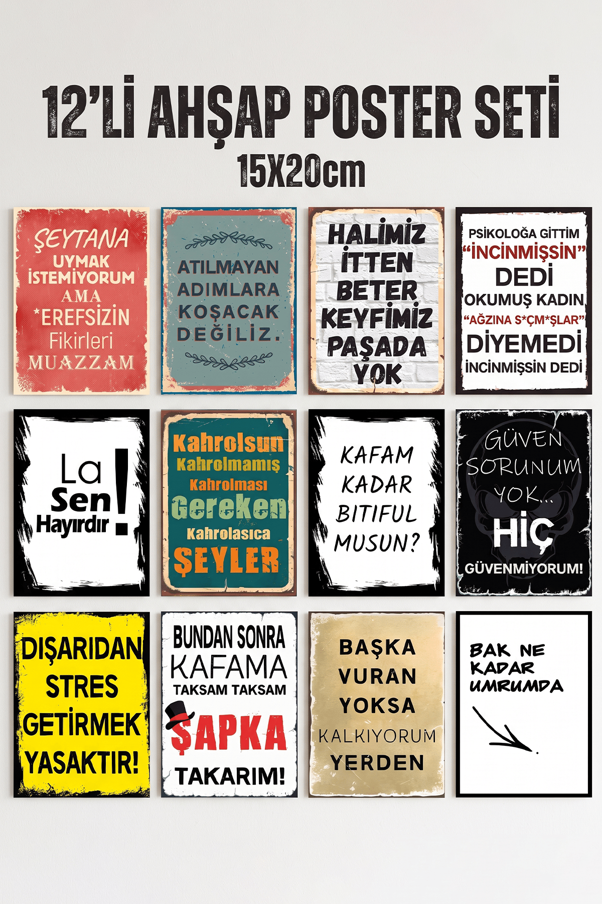 12 'Li Set Karışık Yazılı MDF Poster Duvar Tablosu Dekoratif 15x20 Cm Poster Seti