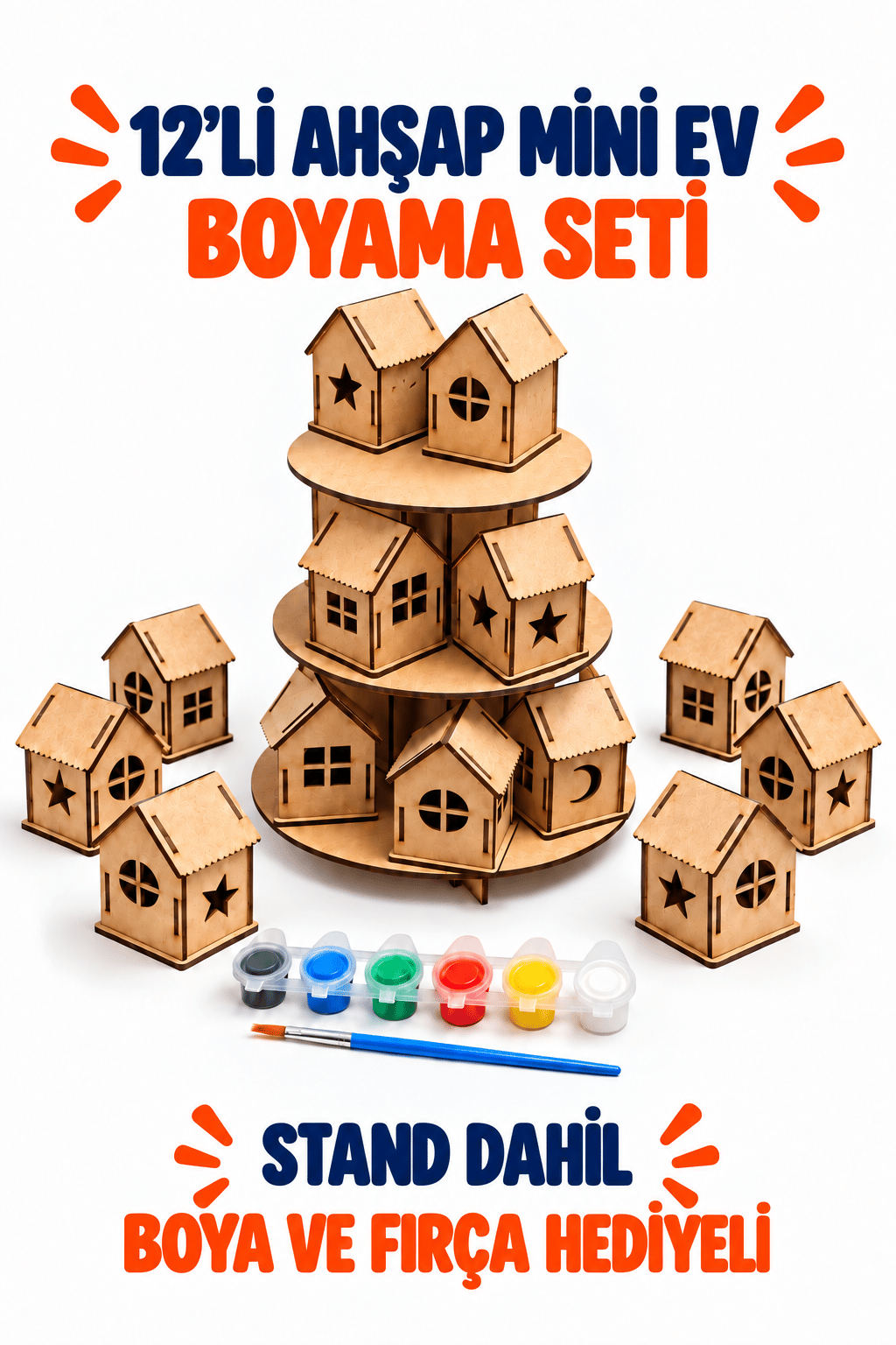 12'li Ahşap Mini Ev Boyama Seti – 3 Katlı Standlı, Boya ve Fırça Hediyeli Çocuk Etkinlik ve Hobi Seti