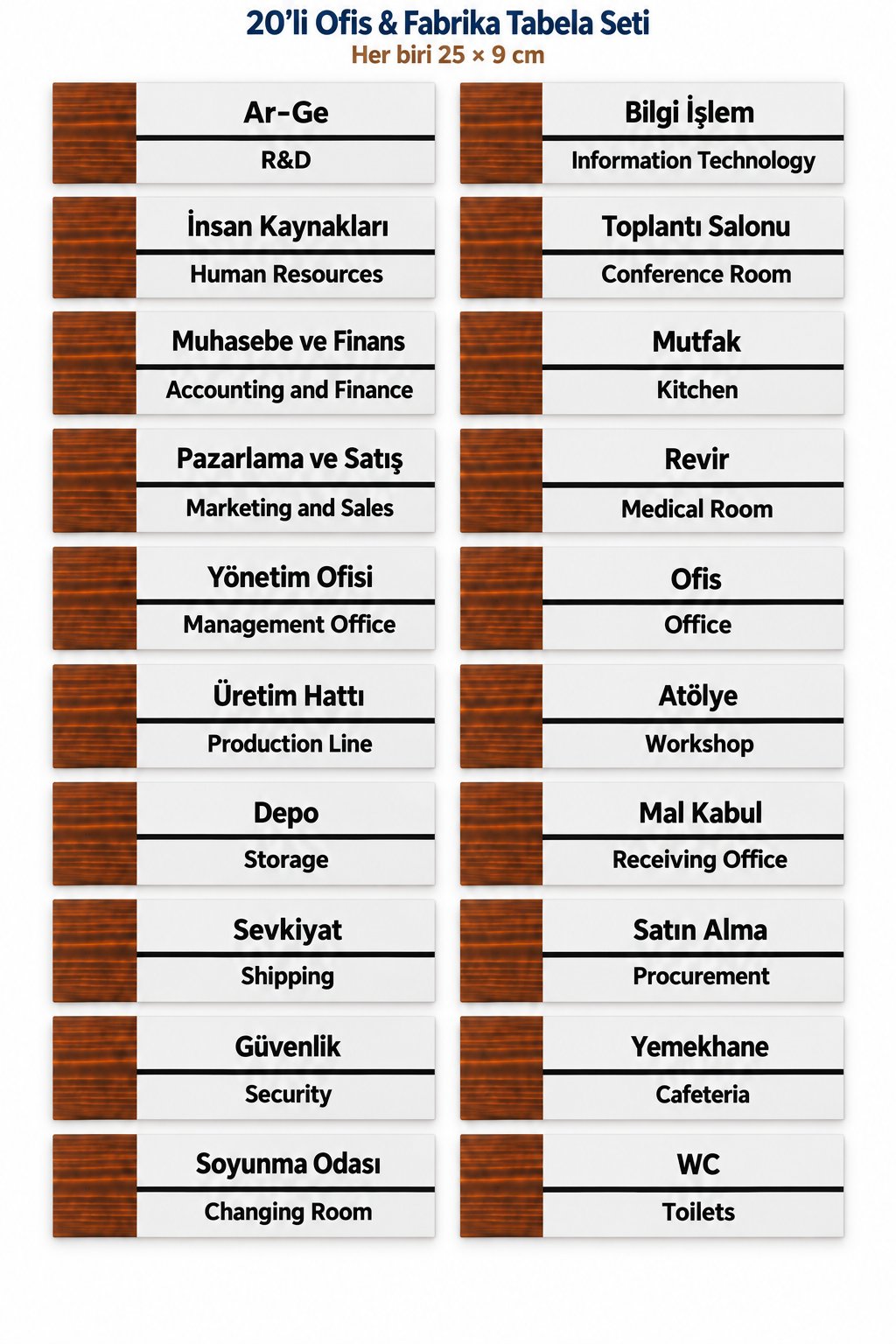 20'Li Ofis&Fabrika Alanlar Oda Kapı İsimliği Yönlendirme Tabelası Levhası Seti 25x9cm