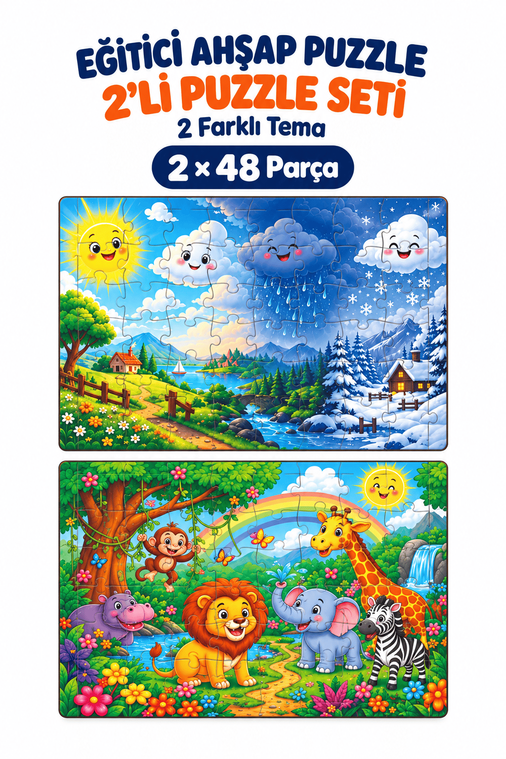 2'li 48 Parça Hava Durumu ve Orman Temalı Puzzle Seti Çocuk Eğitici Yapboz Oyunu Seti 27,5x19,5 Cm