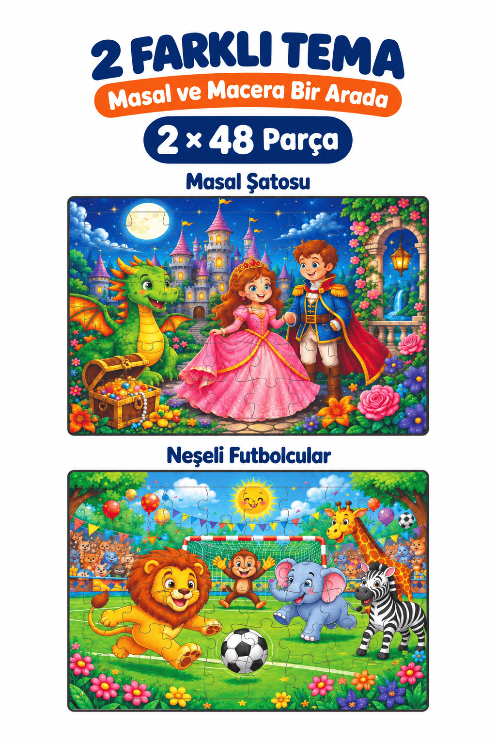 2'li 48 Parça Prenses ve Futbol Temalı Puzzle Seti Çocuk Eğitici Yapboz Oyunu Seti 27,5x19,5 Cm