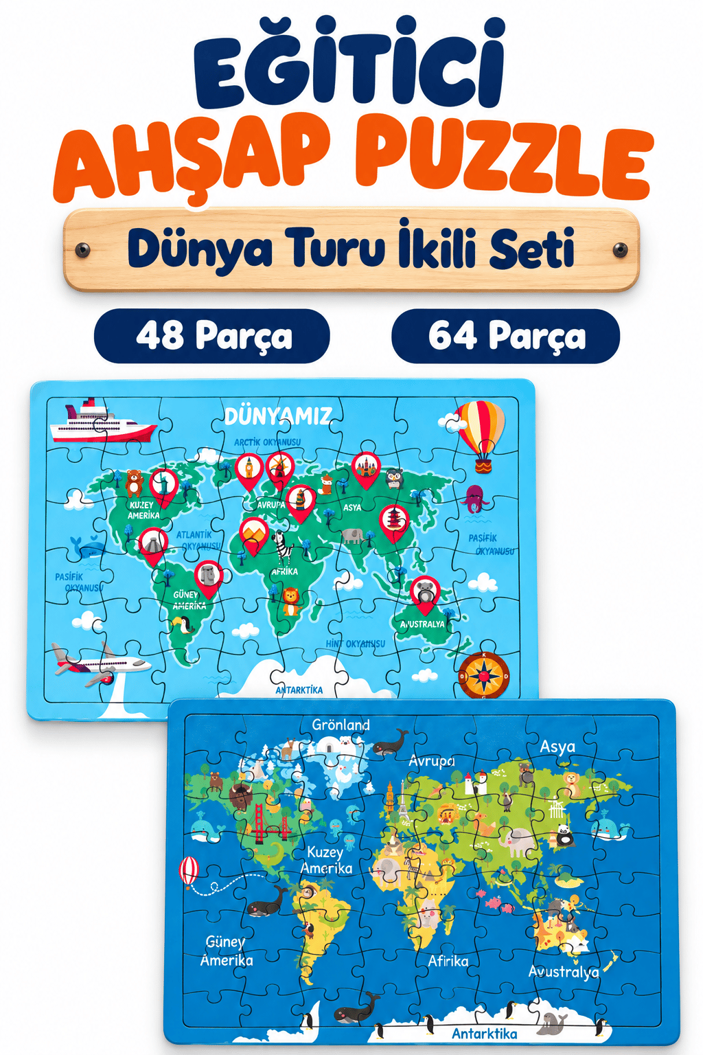 2'li 48+64 Parça Dünya Turu Farklı Temalı Puzzle Seti 27,5x19,5 cm Çocuk Eğitici Yapboz Oyunu