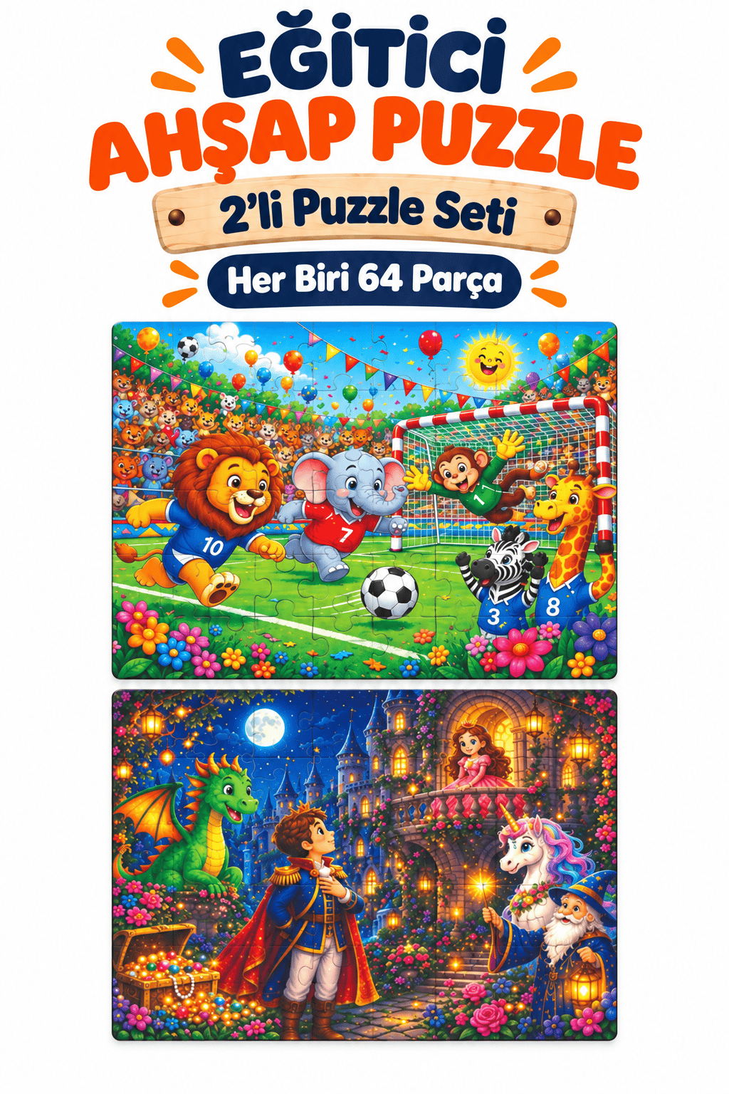 2'li 64 Parça Futbol ve Prenses Temalı Puzzle Seti 27,5x19,5 cm Çocuk Eğitici Yapboz Oyunu