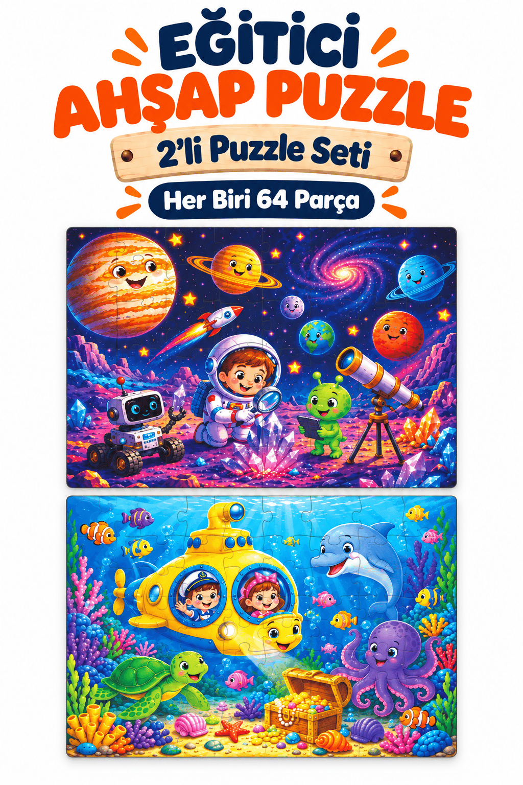 2'li 64 Parça Gezegen ve Denizaltı Temalı Puzzle Seti 27,5x19,5 cm Çocuk Eğitici Yapboz Oyunu