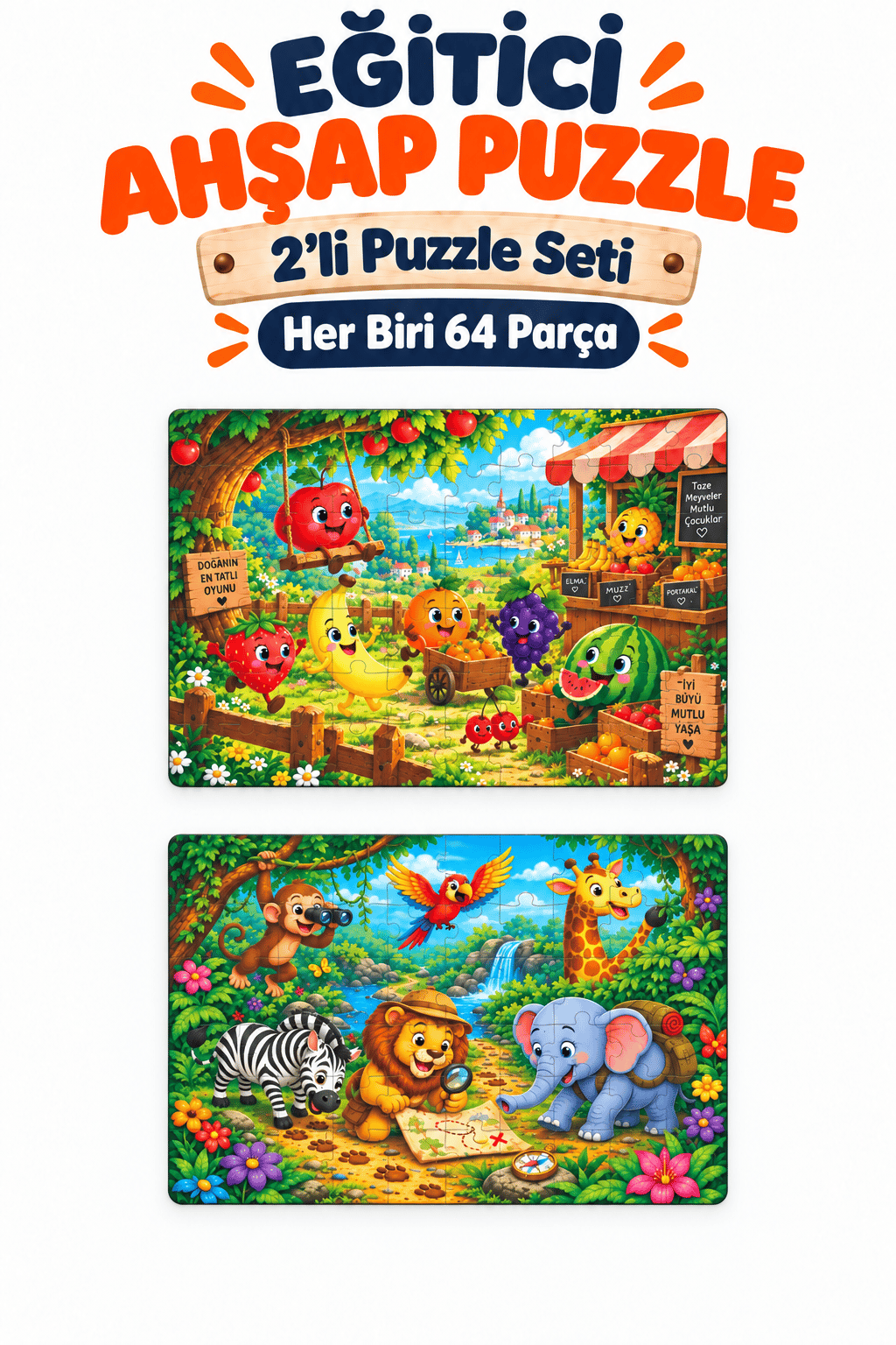 2'li 64 Parça Meyve ve Orman Temalı Puzzle Seti 27,5x19,5 cm Çocuk Eğitici Yapboz Oyunu